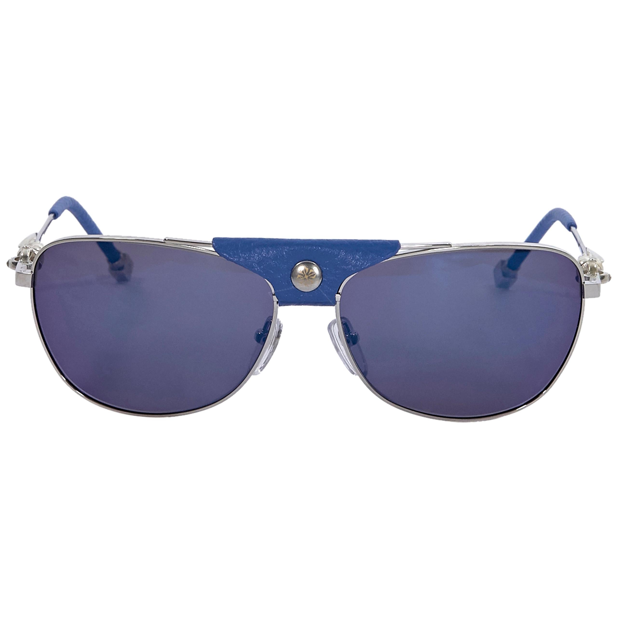 Shamballa Blue And Silver Leather-Trimmed Aviator Sunglasses