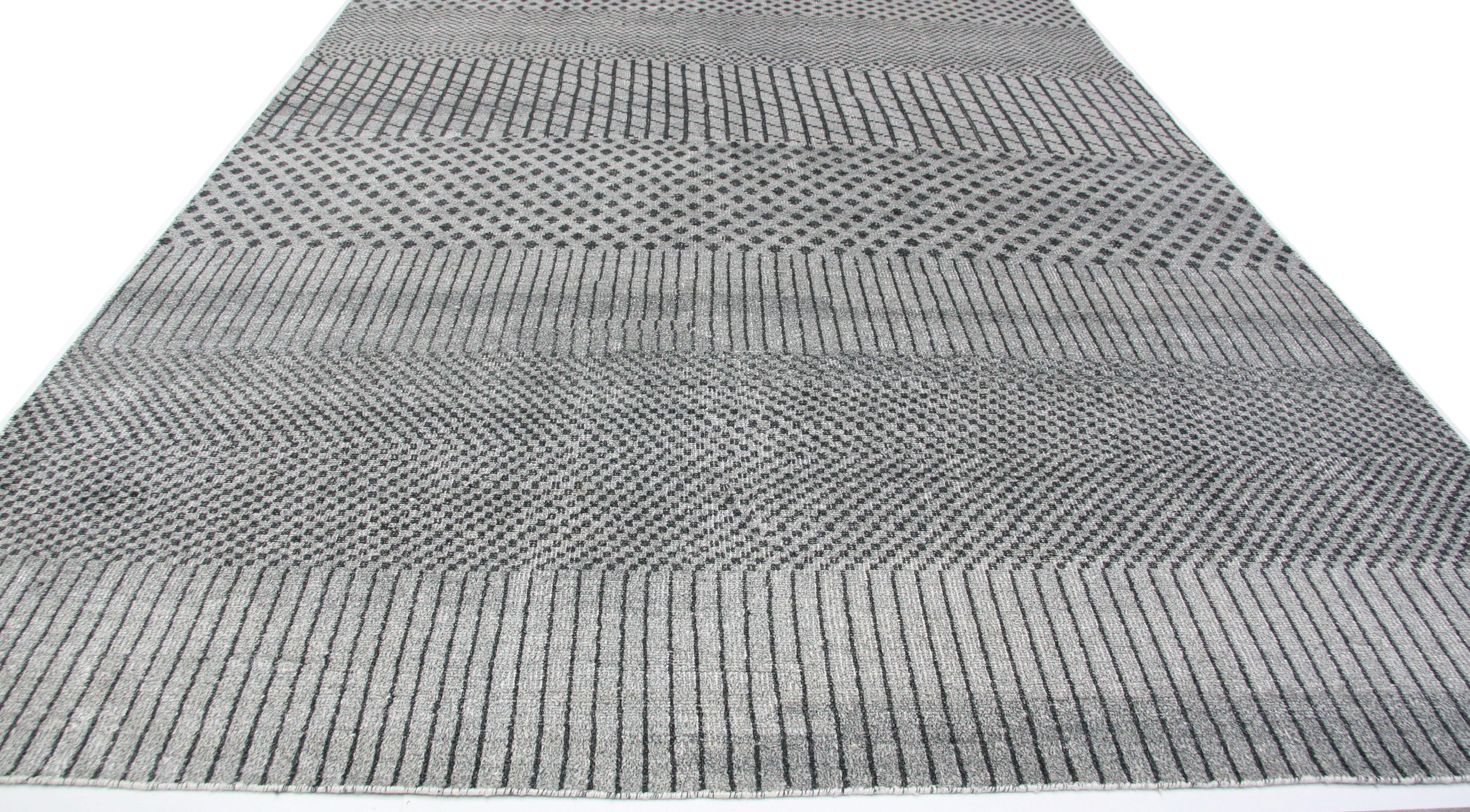 Indian Blue and Silver Stripes and Checks Area Rug For Sale