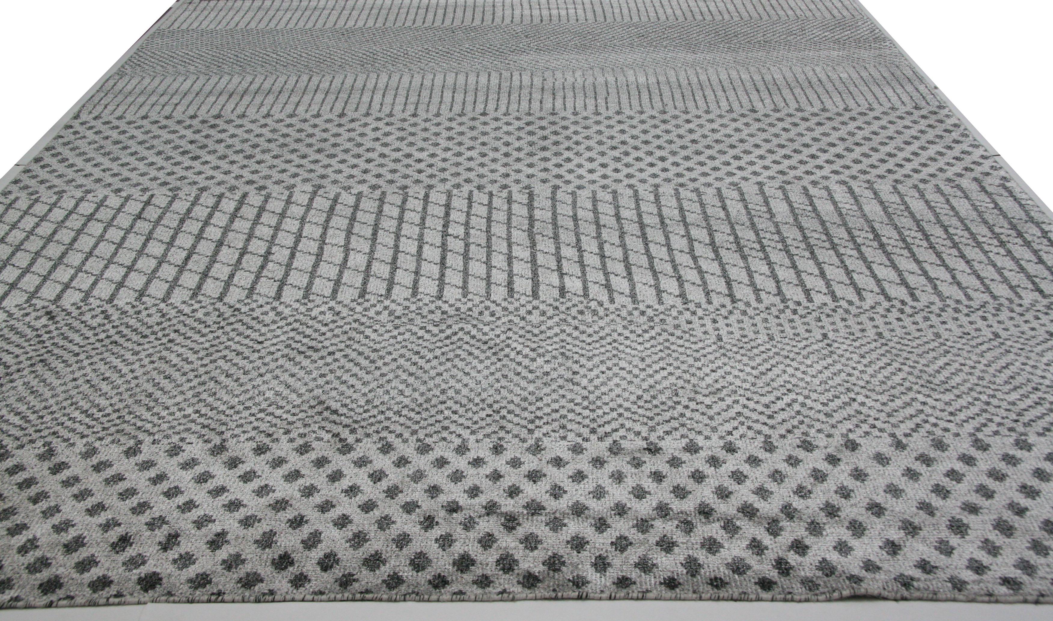 Hand-Knotted Blue and Silver Stripes and Checks Area Rug For Sale