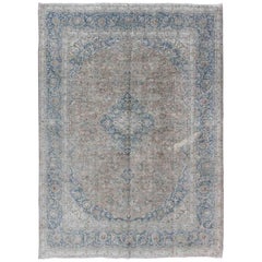 Blue and Taupe Antique Persian Kashan Rug with Arabesque Blossom Design