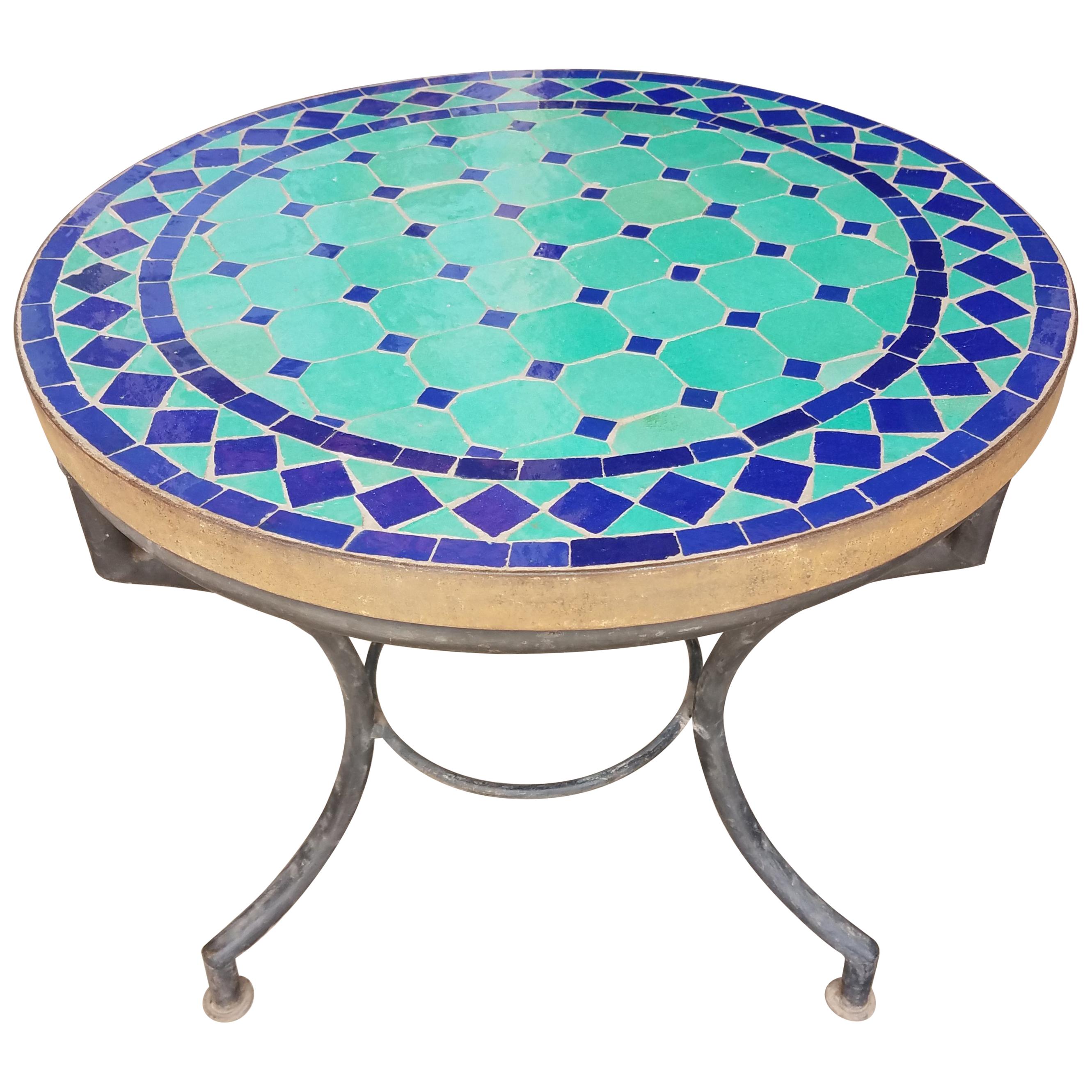Blue And Turquoise Moroccan Mosaic Side Table = Mar 2 For Sale