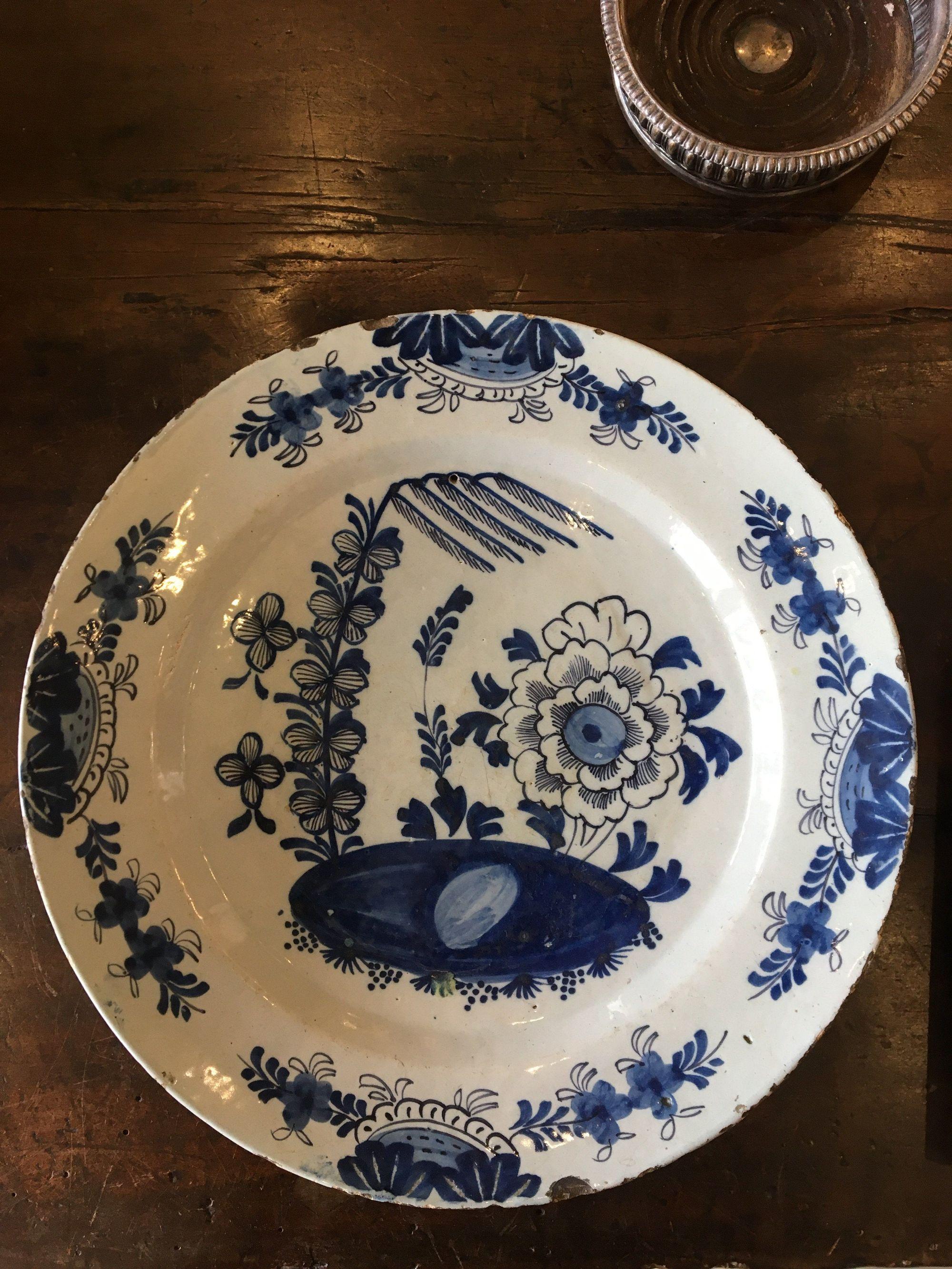 Dutch delft charger, 18th century, blue and white. 13 ½” diameter.