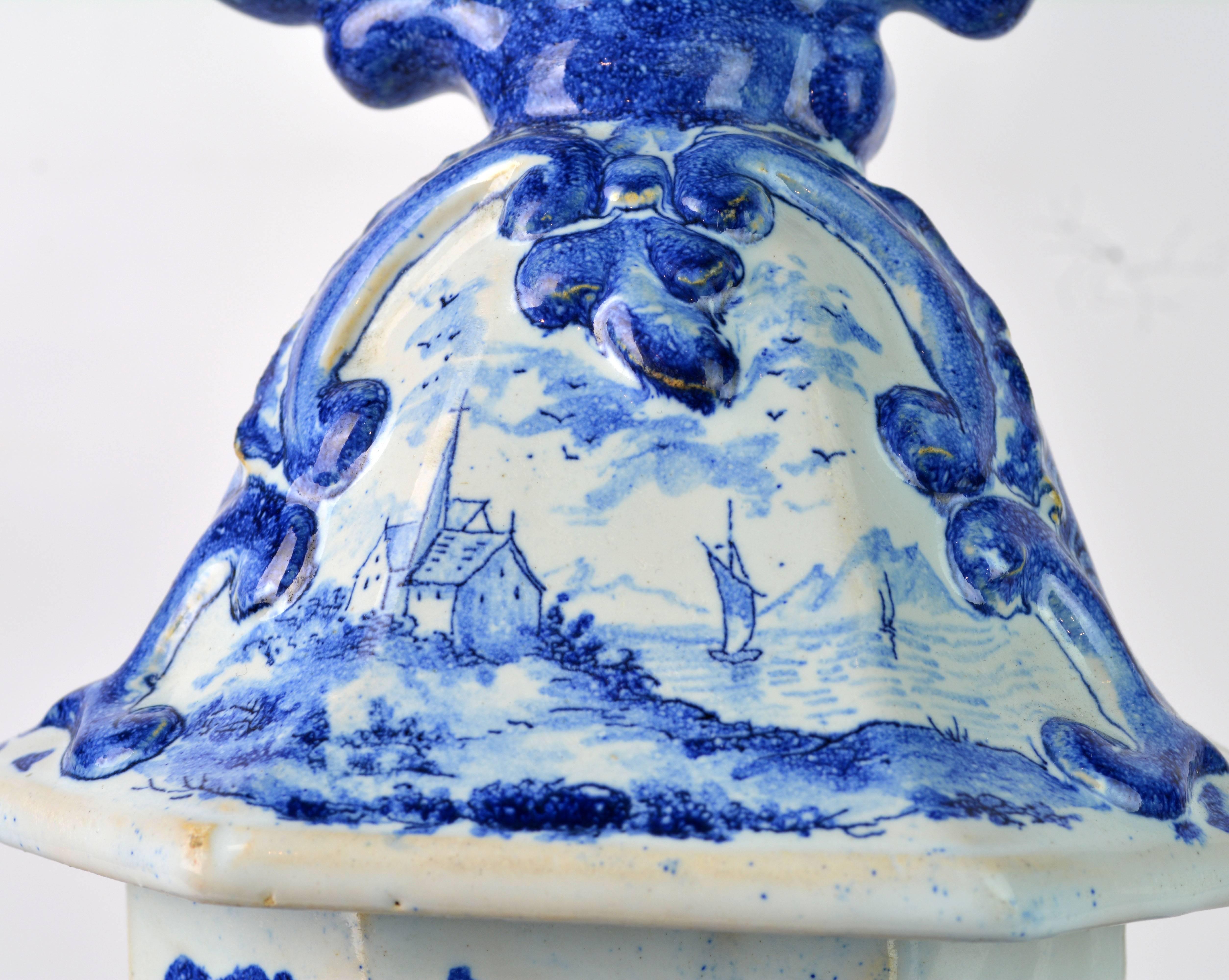 Blue and White 18th Century Delft Pottery Covered Octagonal Jar with Bird Finial 5