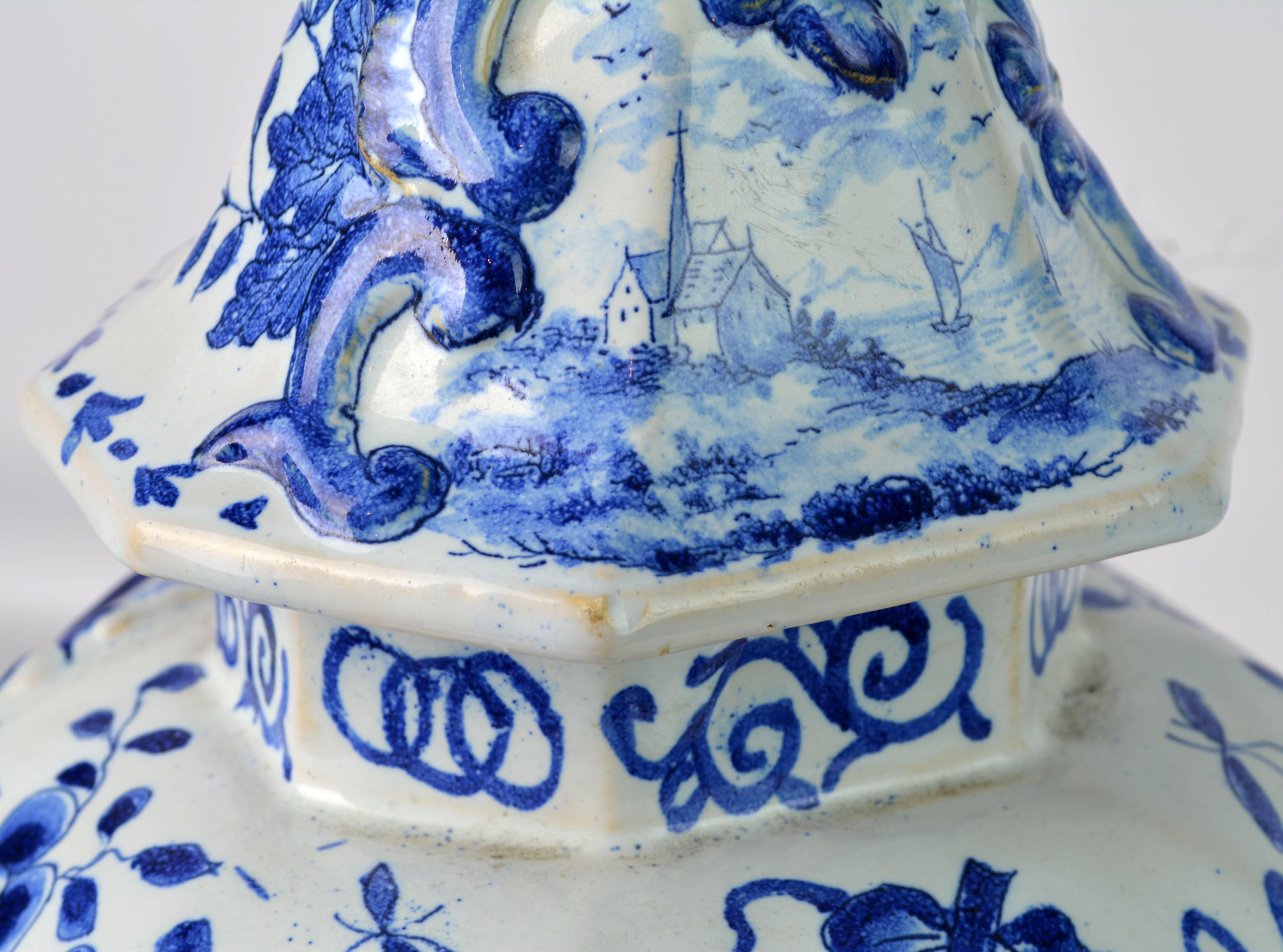 Blue and White 18th Century Delft Pottery Covered Octagonal Jar with Bird Finial 8