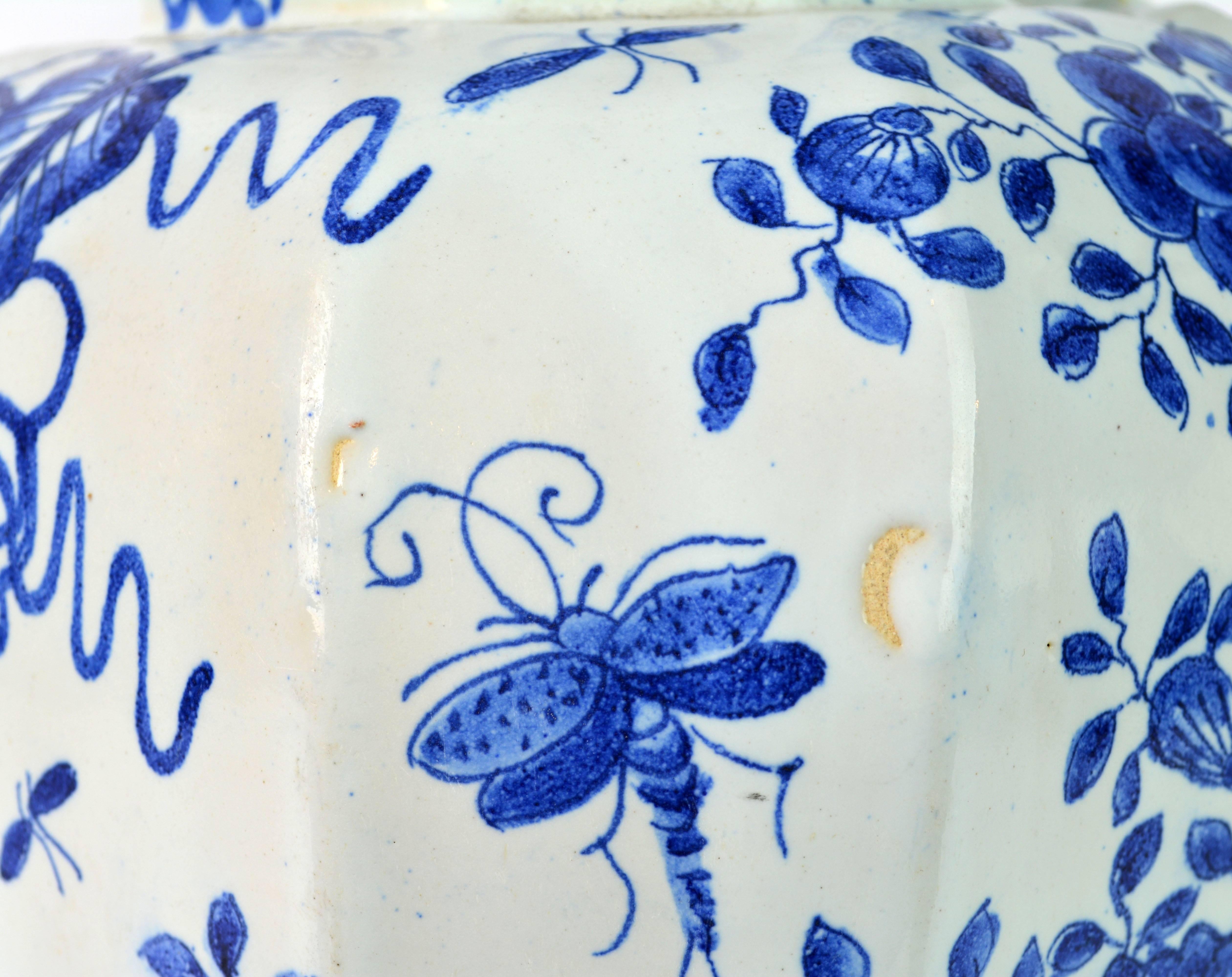 Blue and White 18th Century Delft Pottery Covered Octagonal Jar with Bird Finial 9