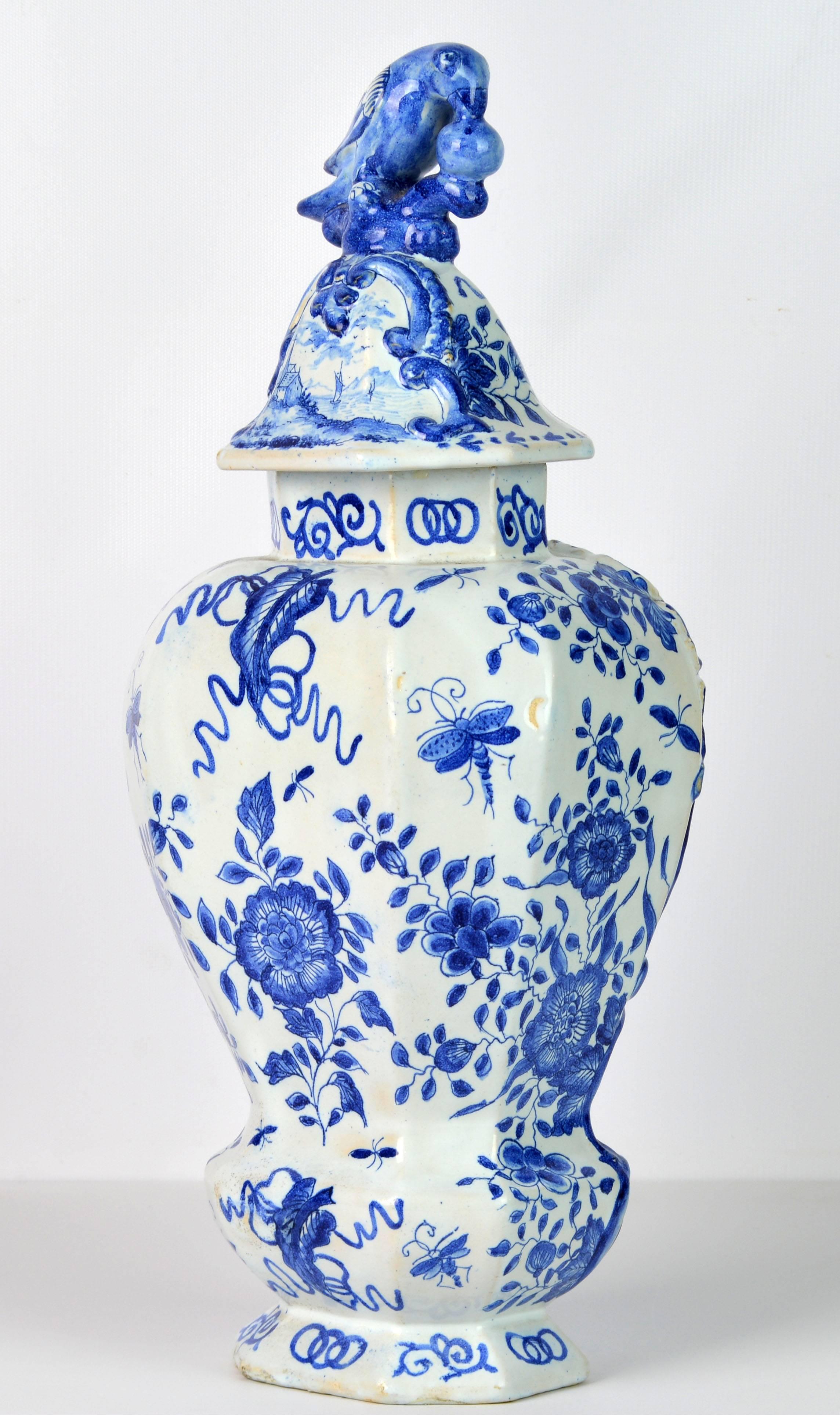 Rococo Blue and White 18th Century Delft Pottery Covered Octagonal Jar with Bird Finial