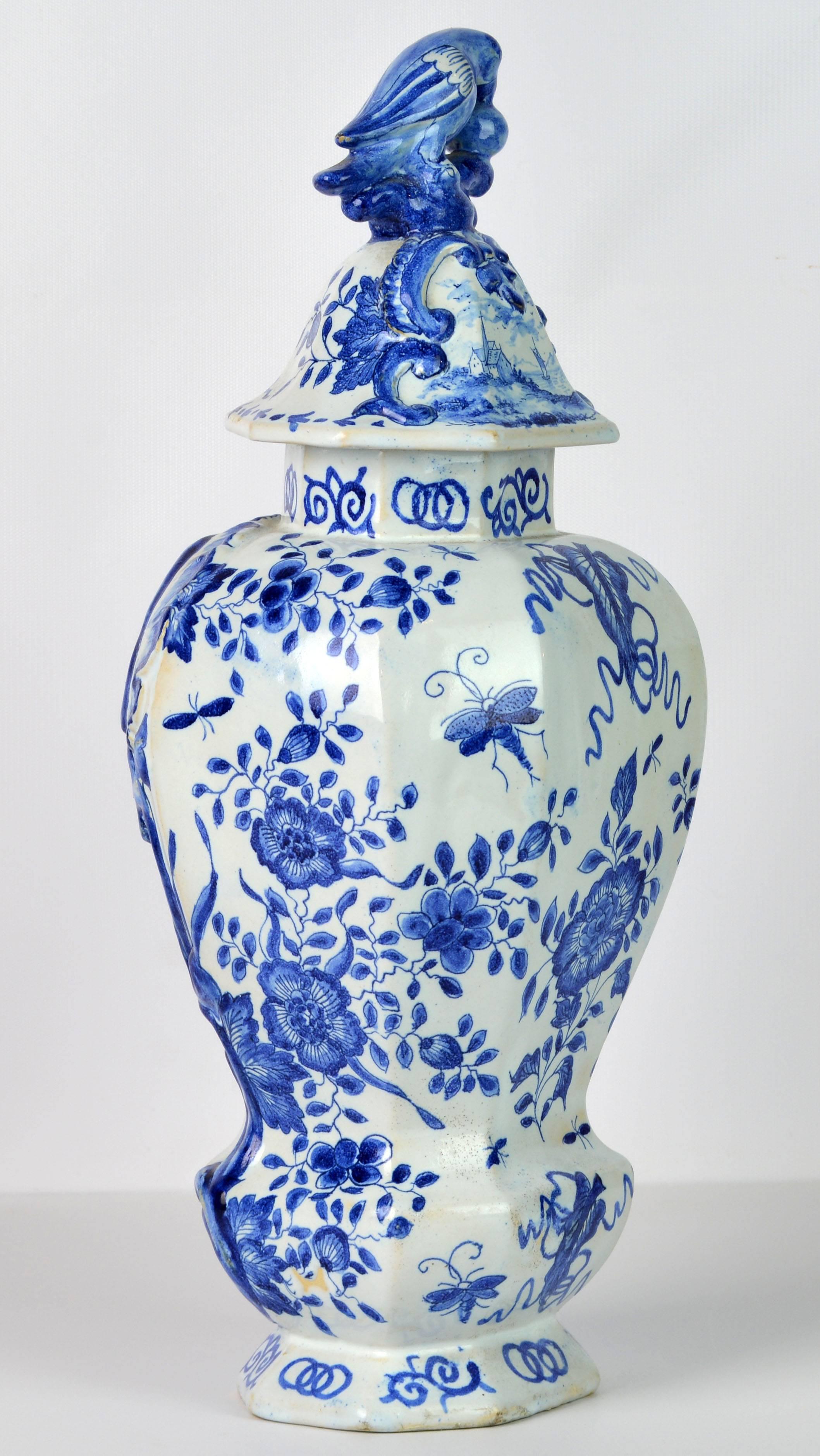 Dutch Blue and White 18th Century Delft Pottery Covered Octagonal Jar with Bird Finial