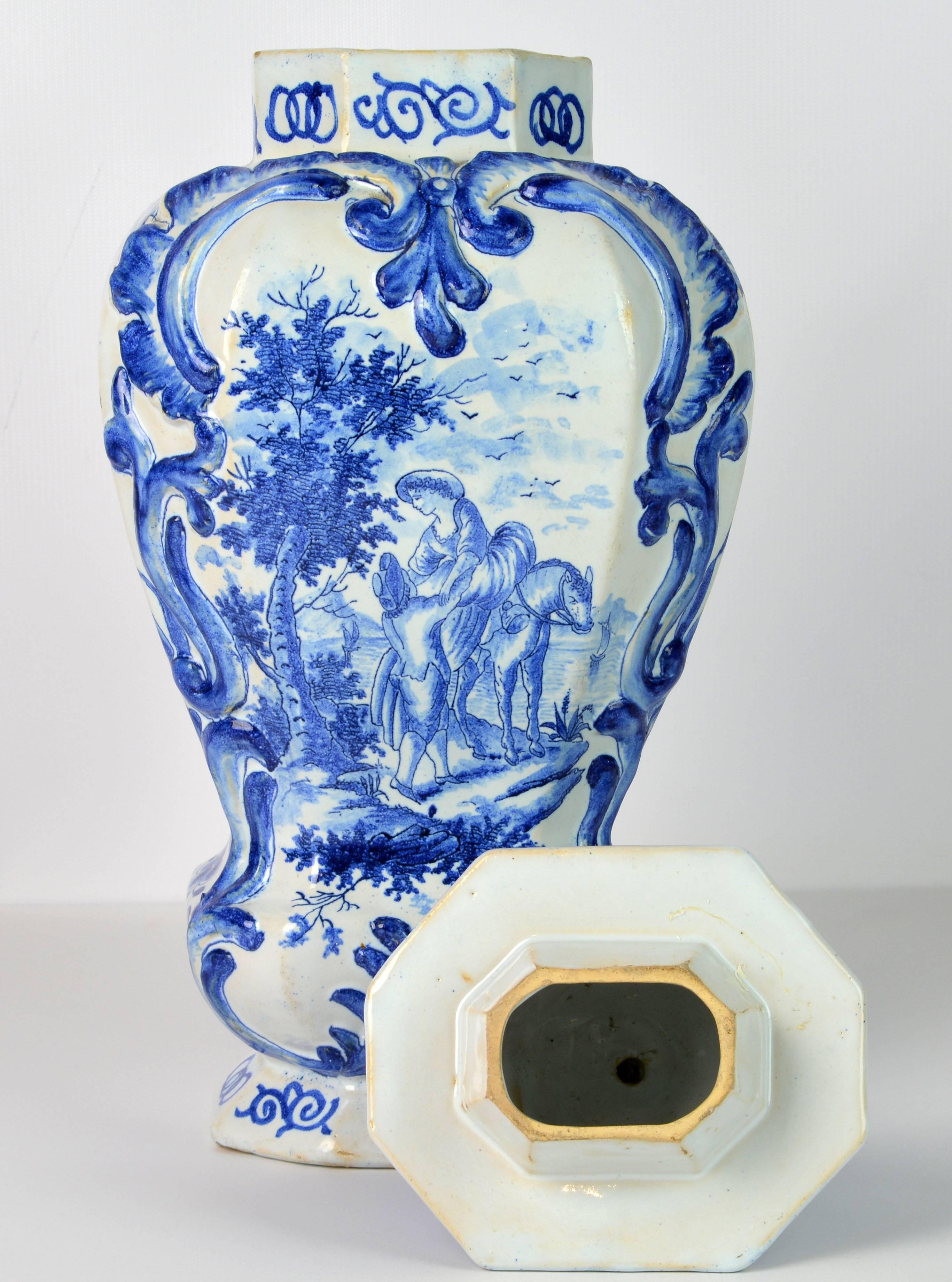 Blue and White 18th Century Delft Pottery Covered Octagonal Jar with Bird Finial 1