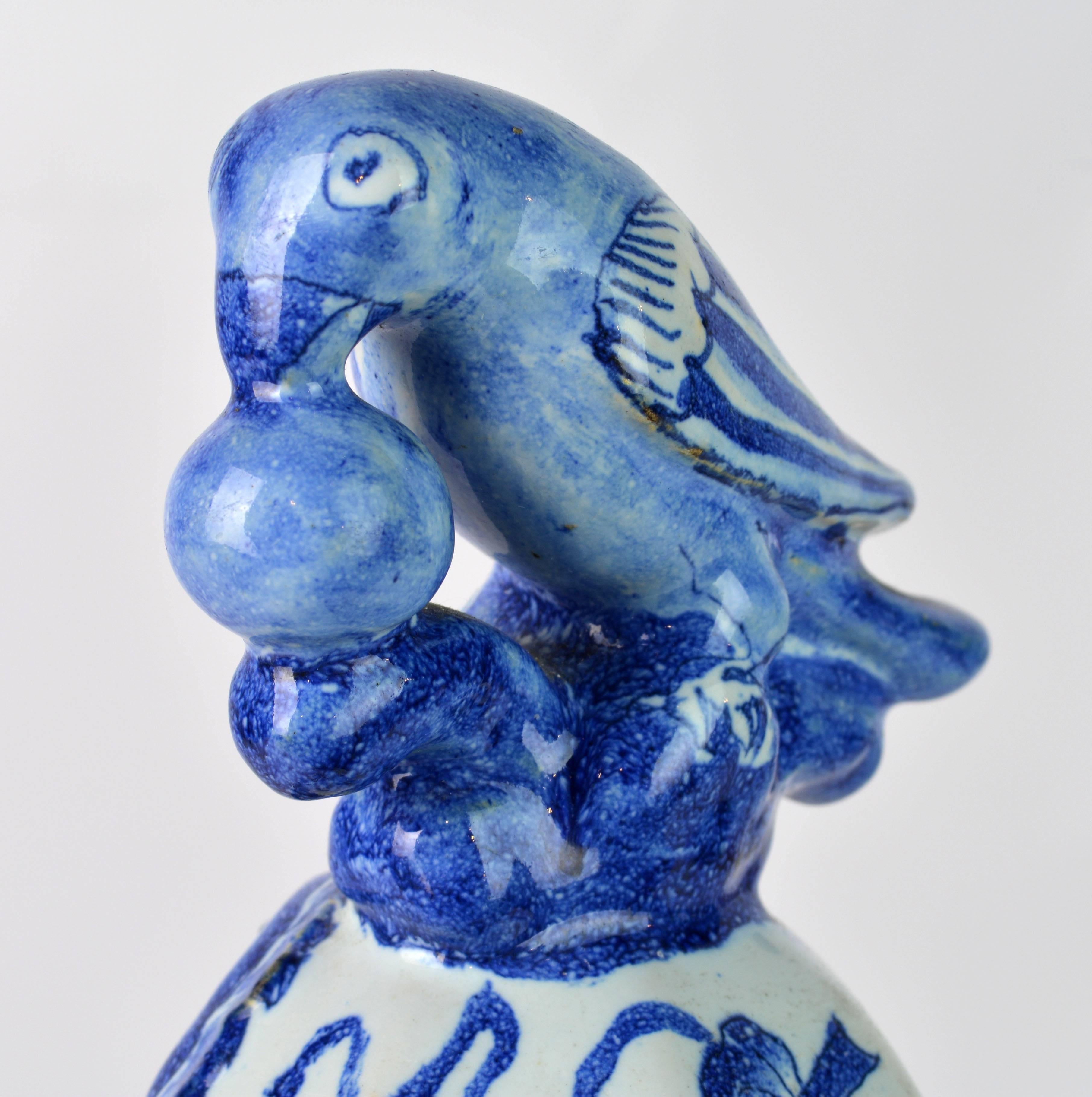 Blue and White 18th Century Delft Pottery Covered Octagonal Jar with Bird Finial 3