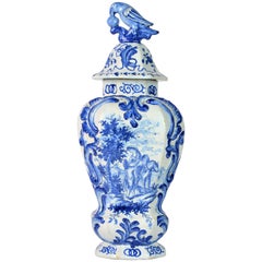 Blue and White 18th Century Delft Pottery Covered Octagonal Jar with Bird Finial