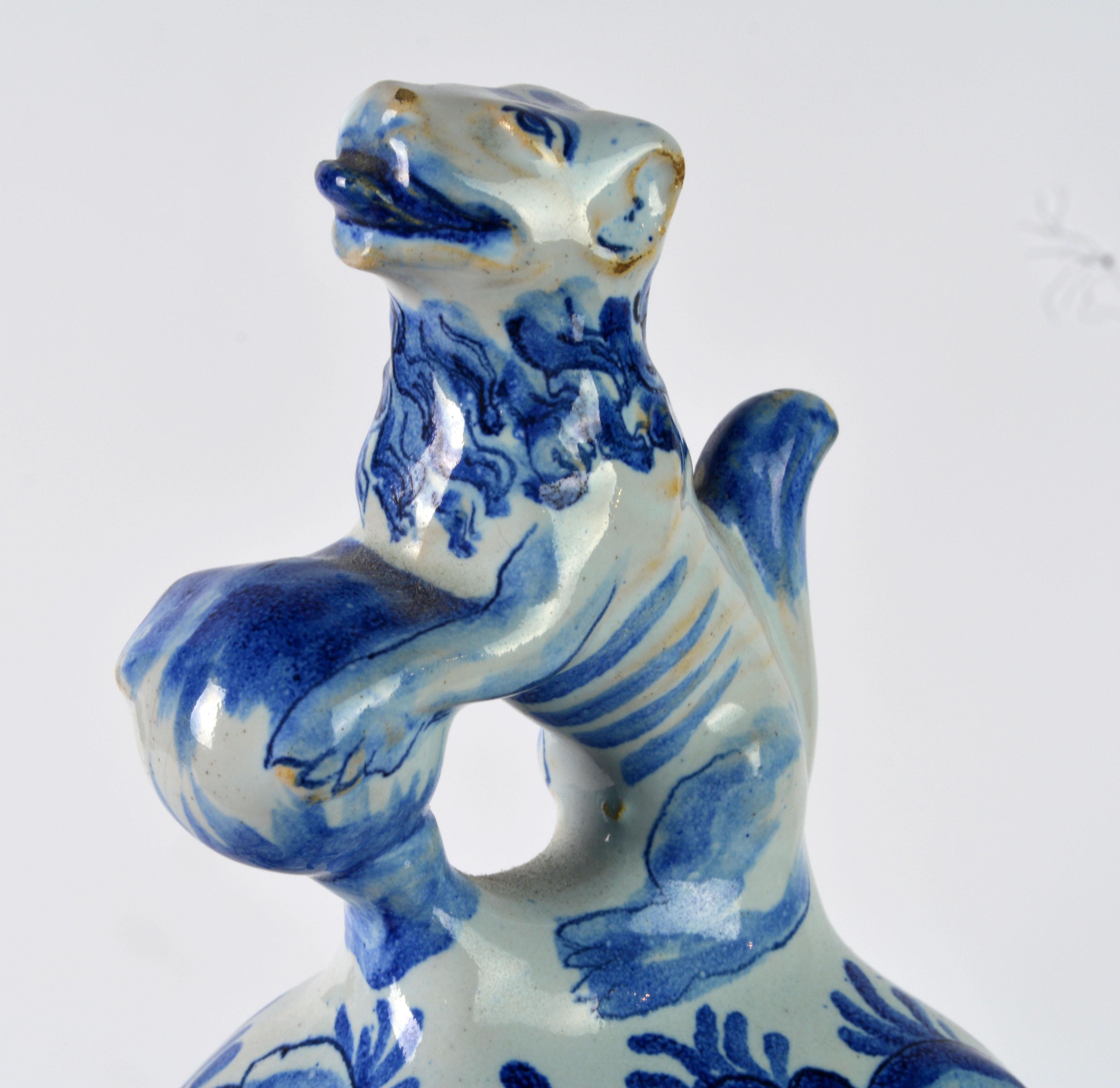 Blue and White 18th Century Delft Pottery Covered Octagonal Jar with Lion Finial 8