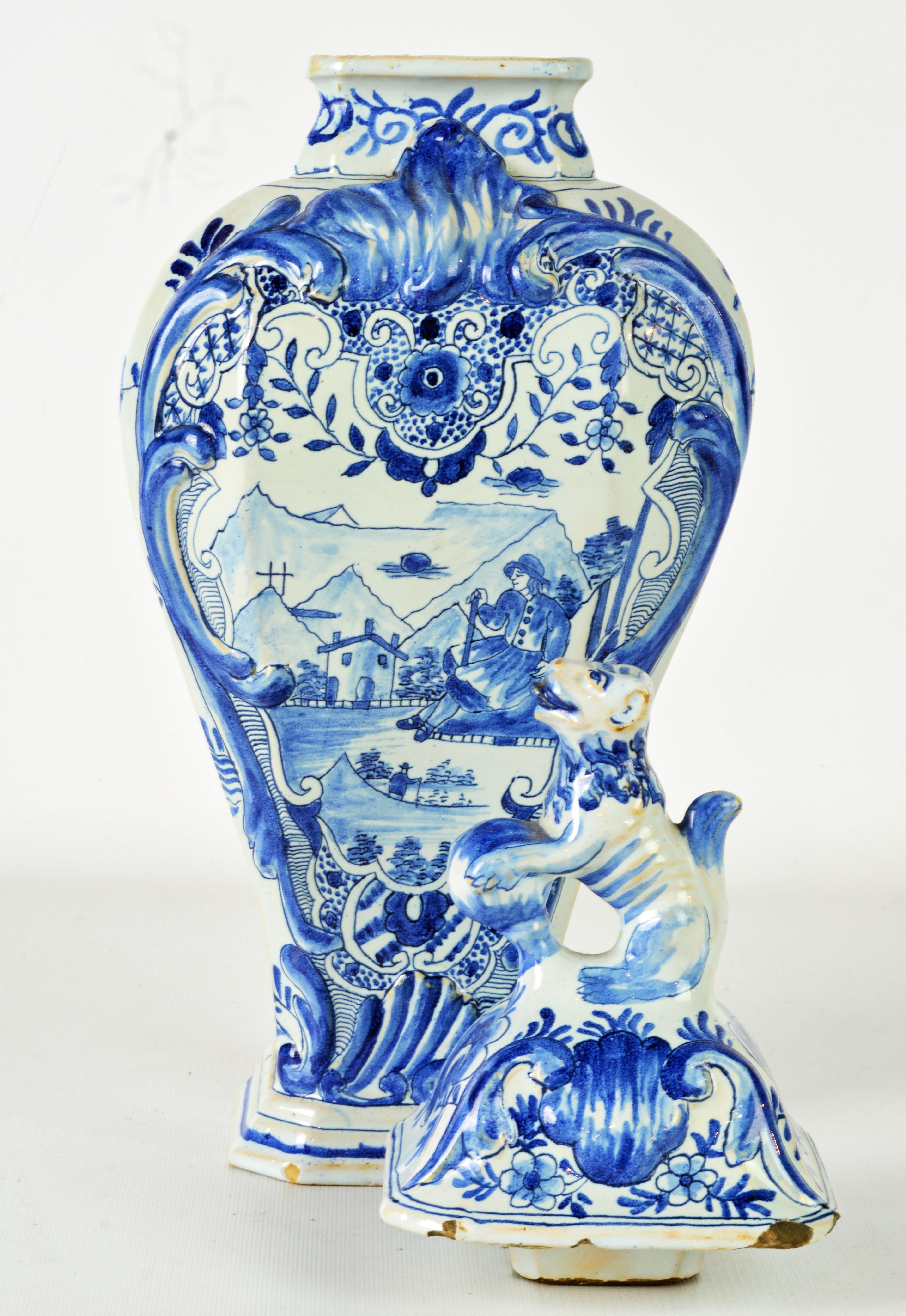 Glazed Blue and White 18th Century Delft Pottery Covered Octagonal Jar with Lion Finial