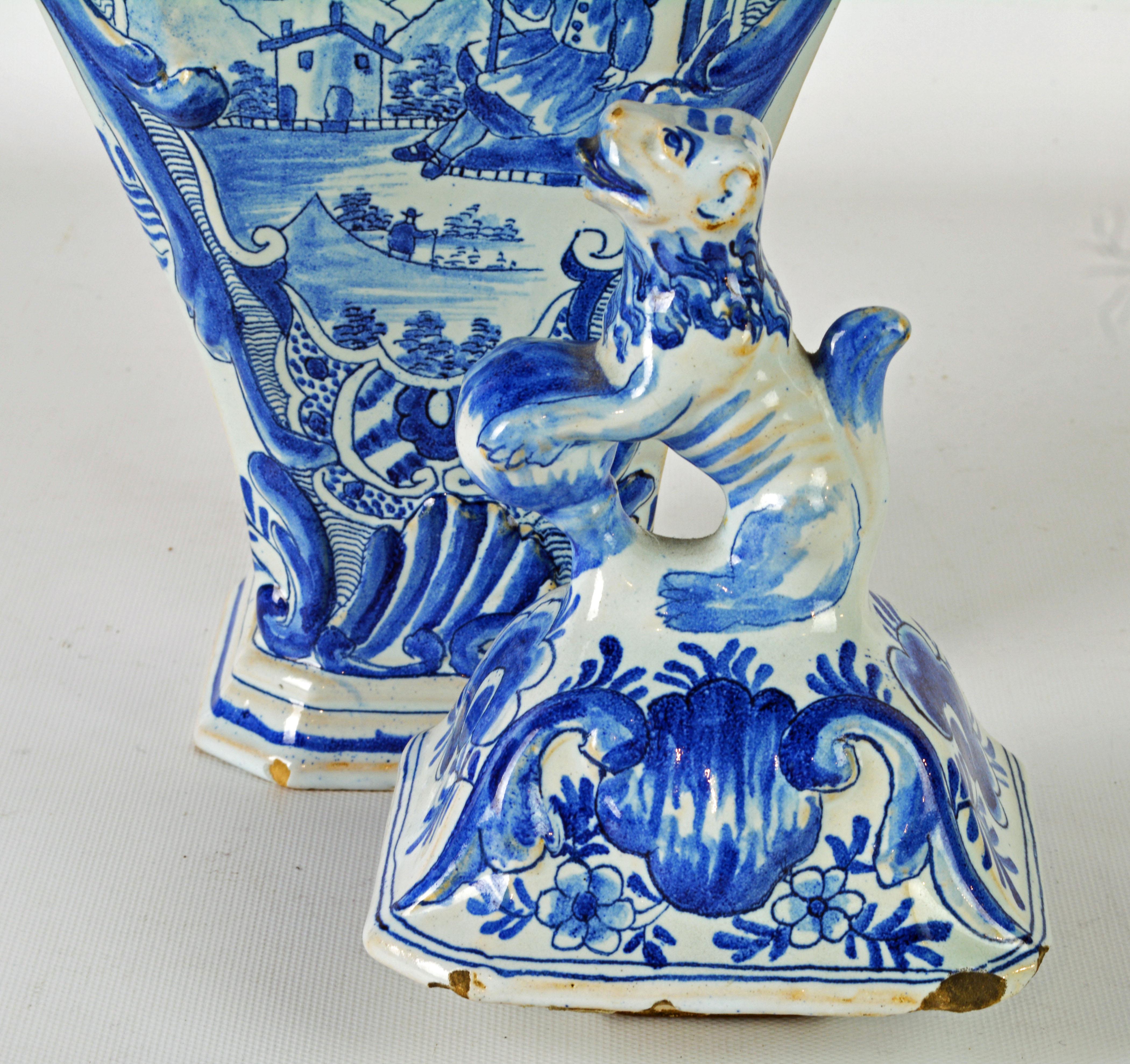 Ceramic Blue and White 18th Century Delft Pottery Covered Octagonal Jar with Lion Finial
