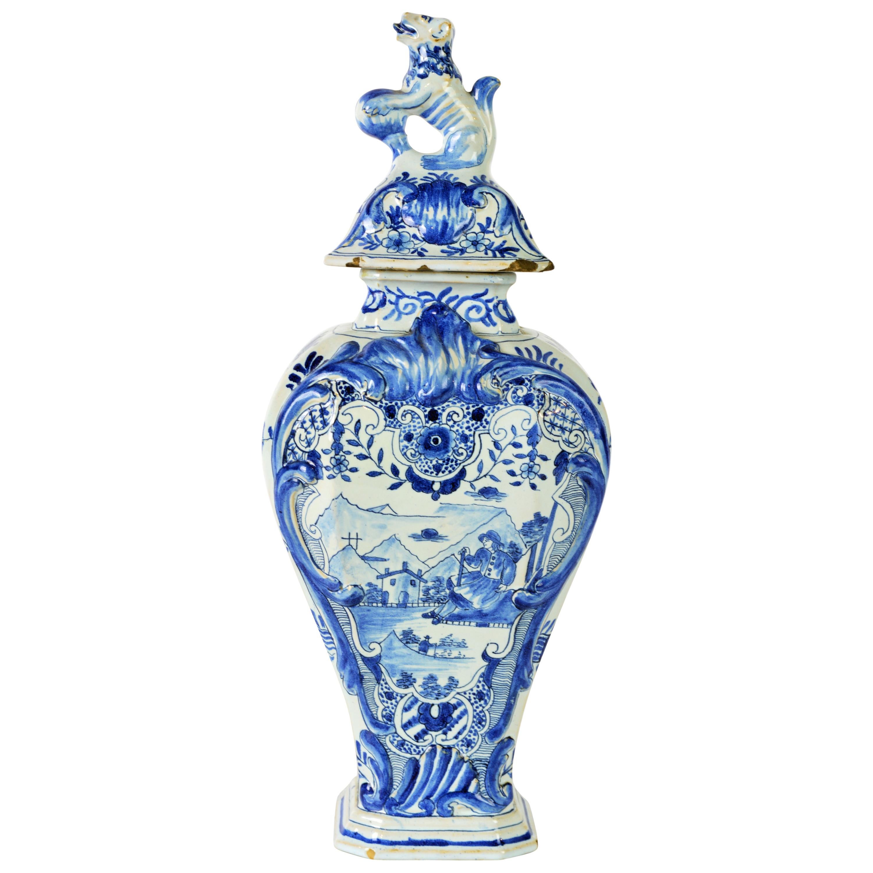 Blue and White 18th Century Delft Pottery Covered Octagonal Jar with Lion Finial