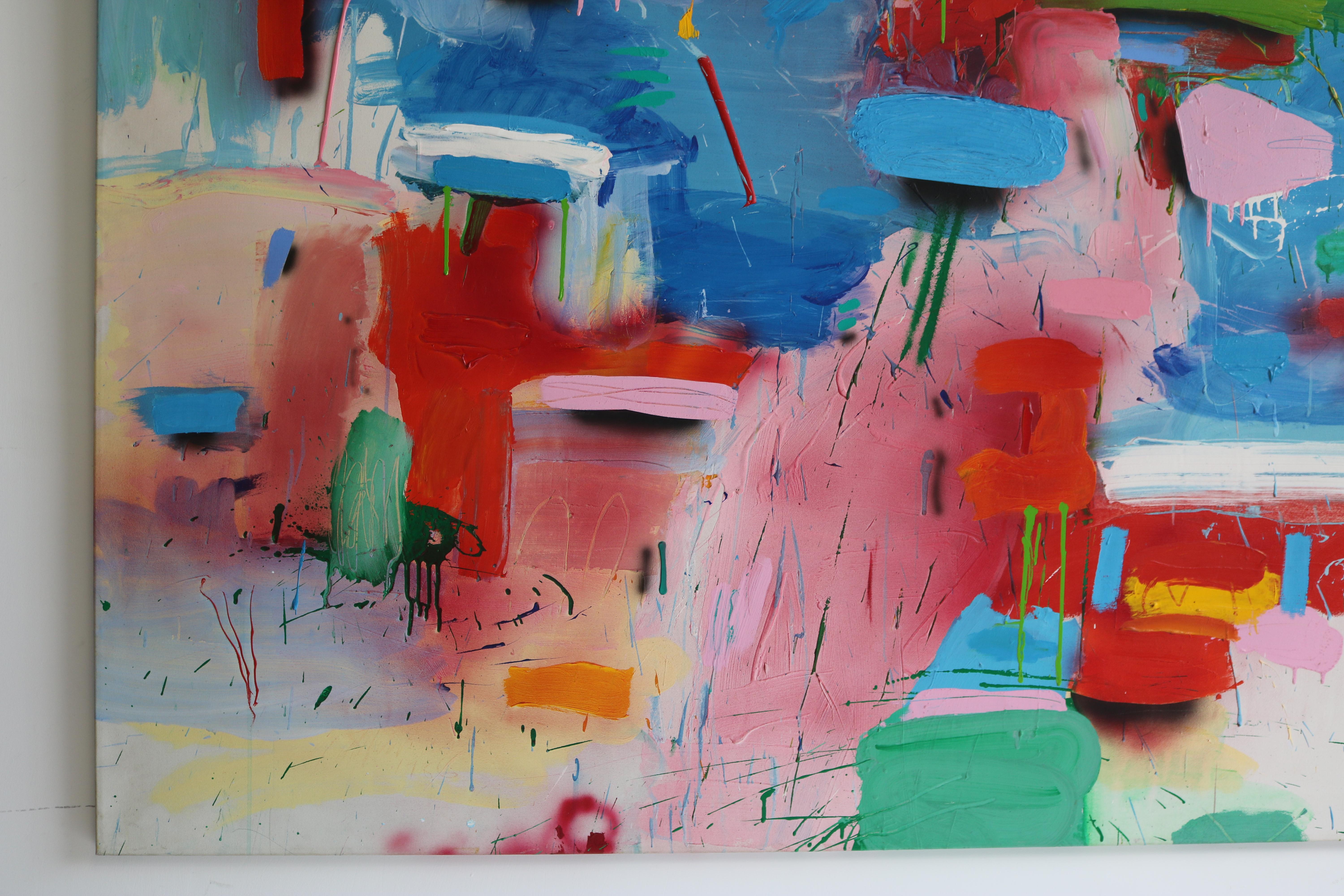 This large statement piece has a background quarter painted in vibrant sky blue on a white canvas. There are layers of fading color splotches in pinks and reds along with differing sized brushstrokes, splatters, and lines. Some of the prominent