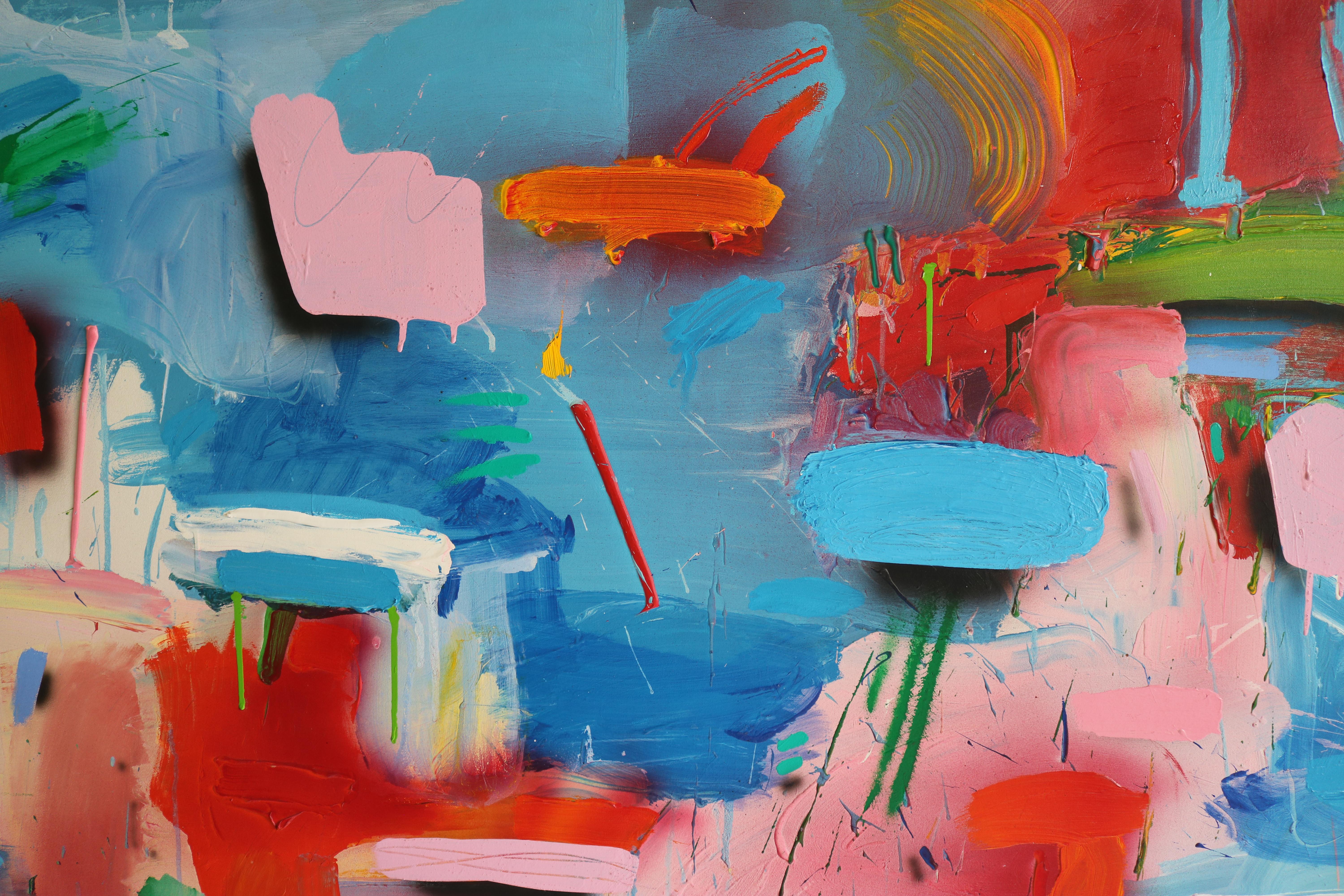 American Blue and White Abstract with Multicolored Brushstrokes by Thomas Gathman