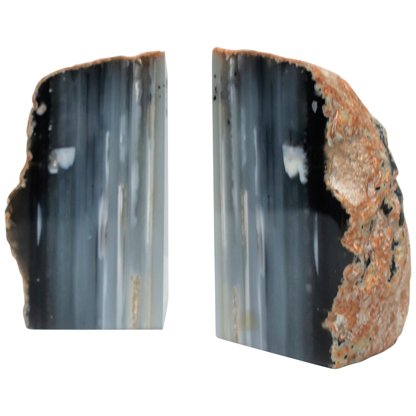 Blue and White Agate Onyx Marble Bookends, Pair