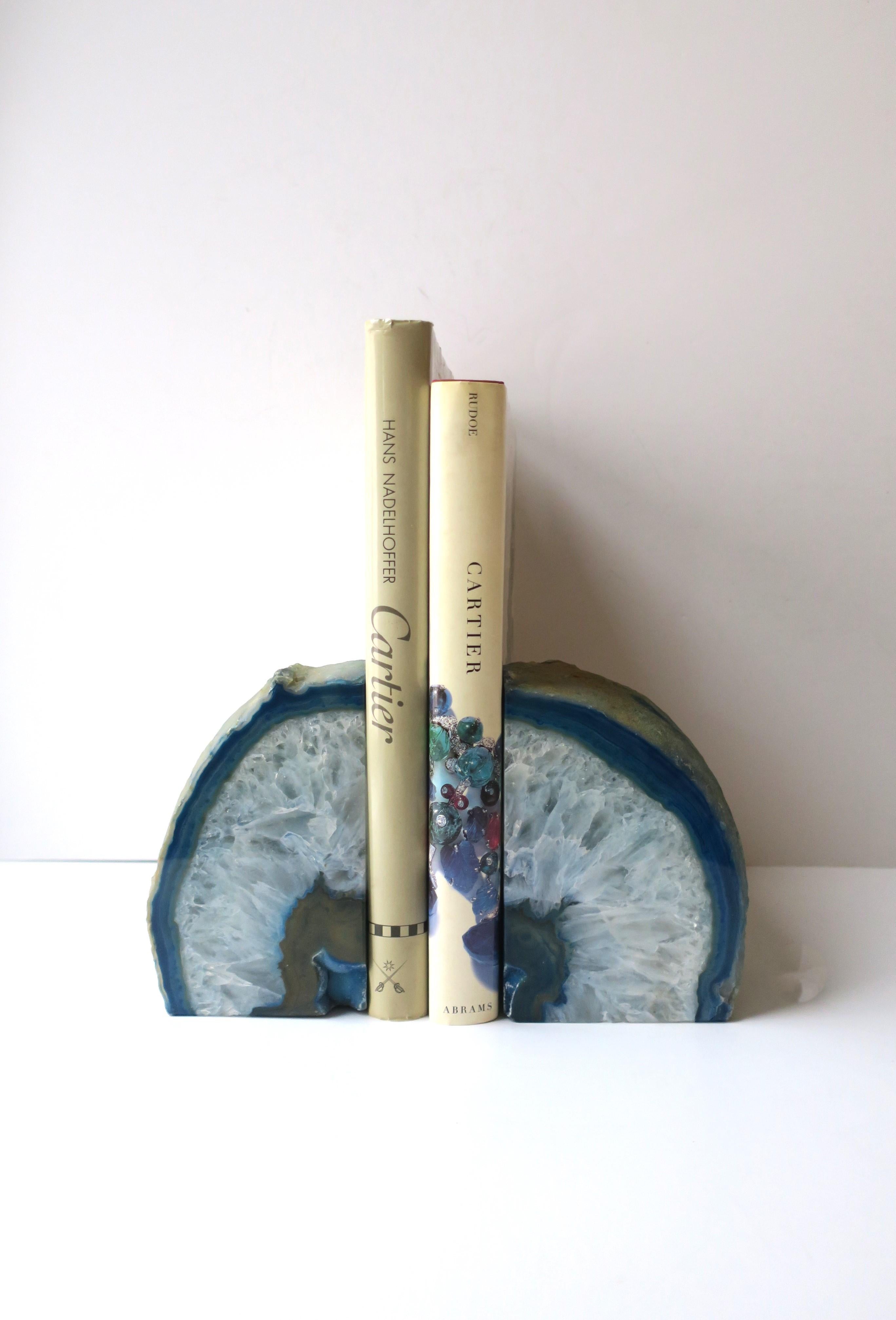 Organic Modern Blue and White Quartz Geode Bookends, Pair  For Sale