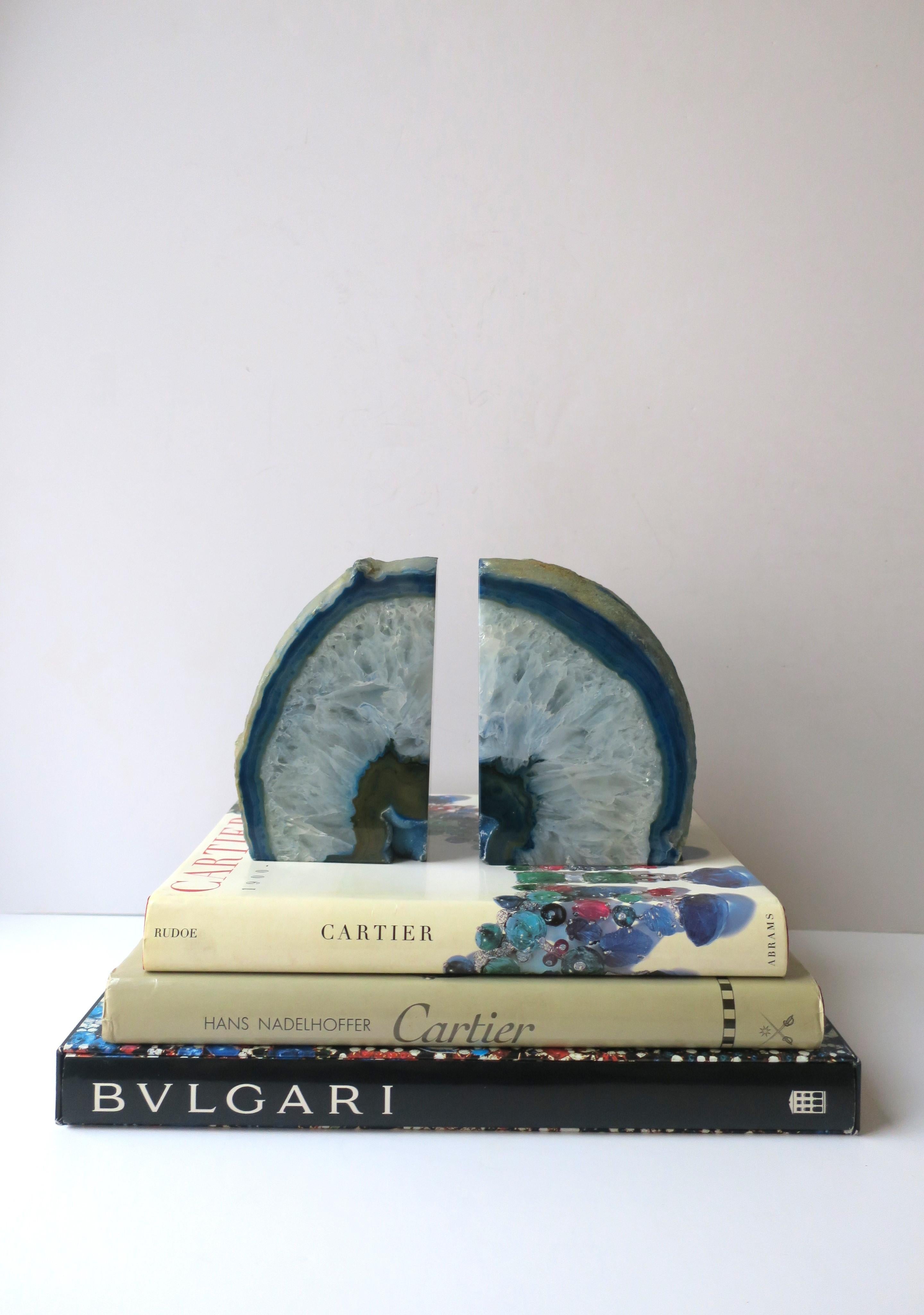 Dyed Blue and White Quartz Geode Bookends, Pair  For Sale