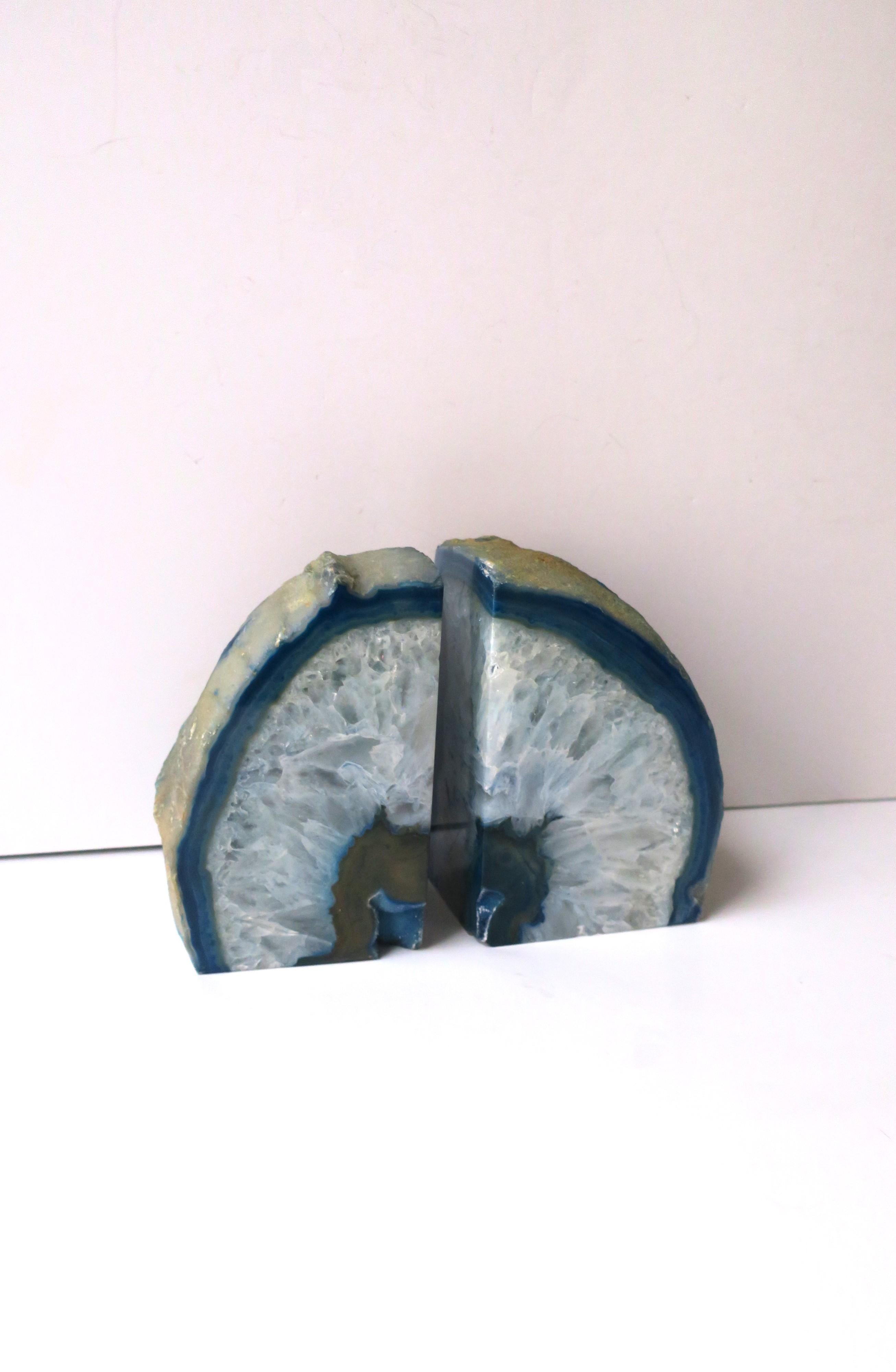 20th Century Blue and White Quartz Geode Bookends, Pair  For Sale