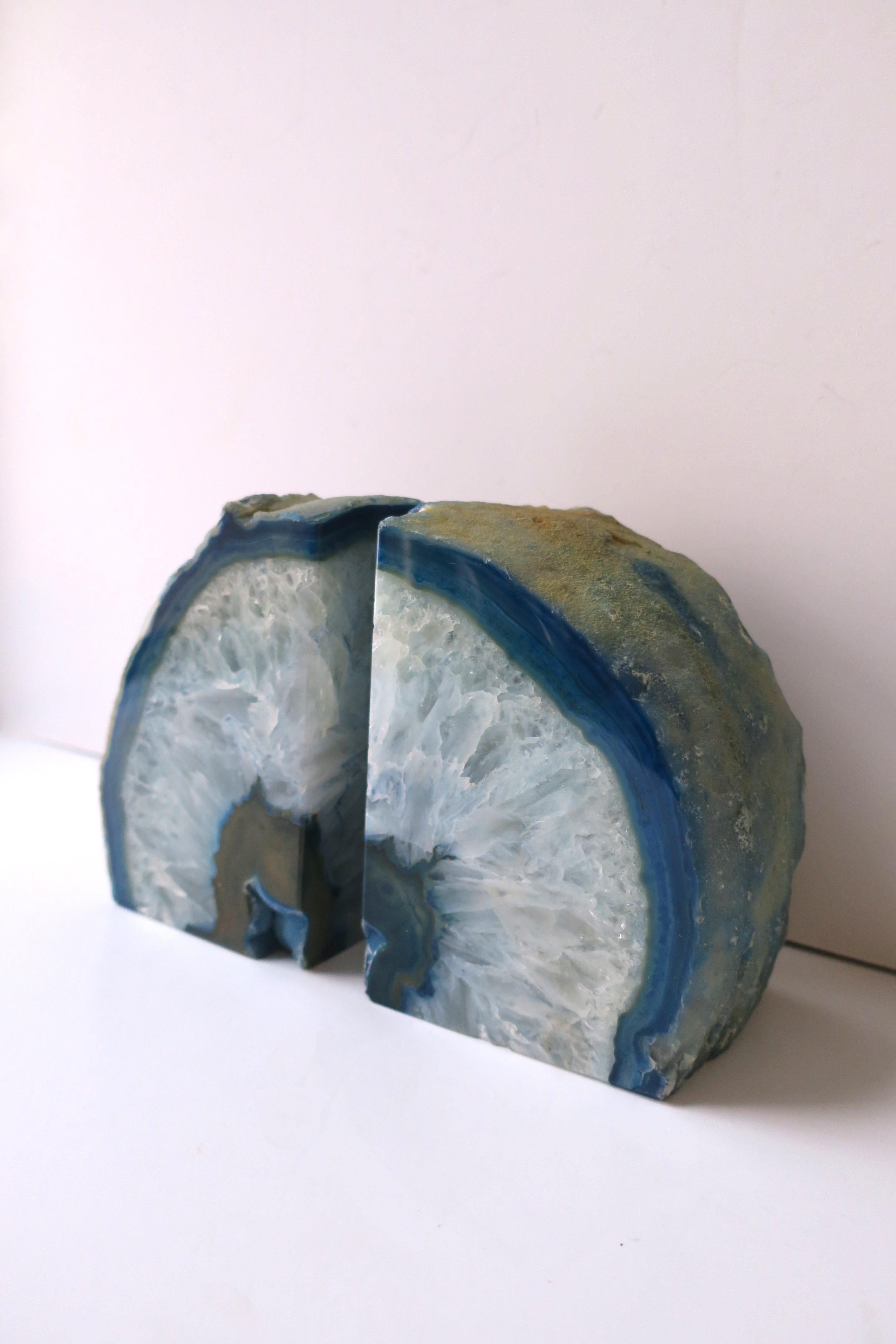 Blue and White Quartz Geode Bookends, Pair  For Sale 1