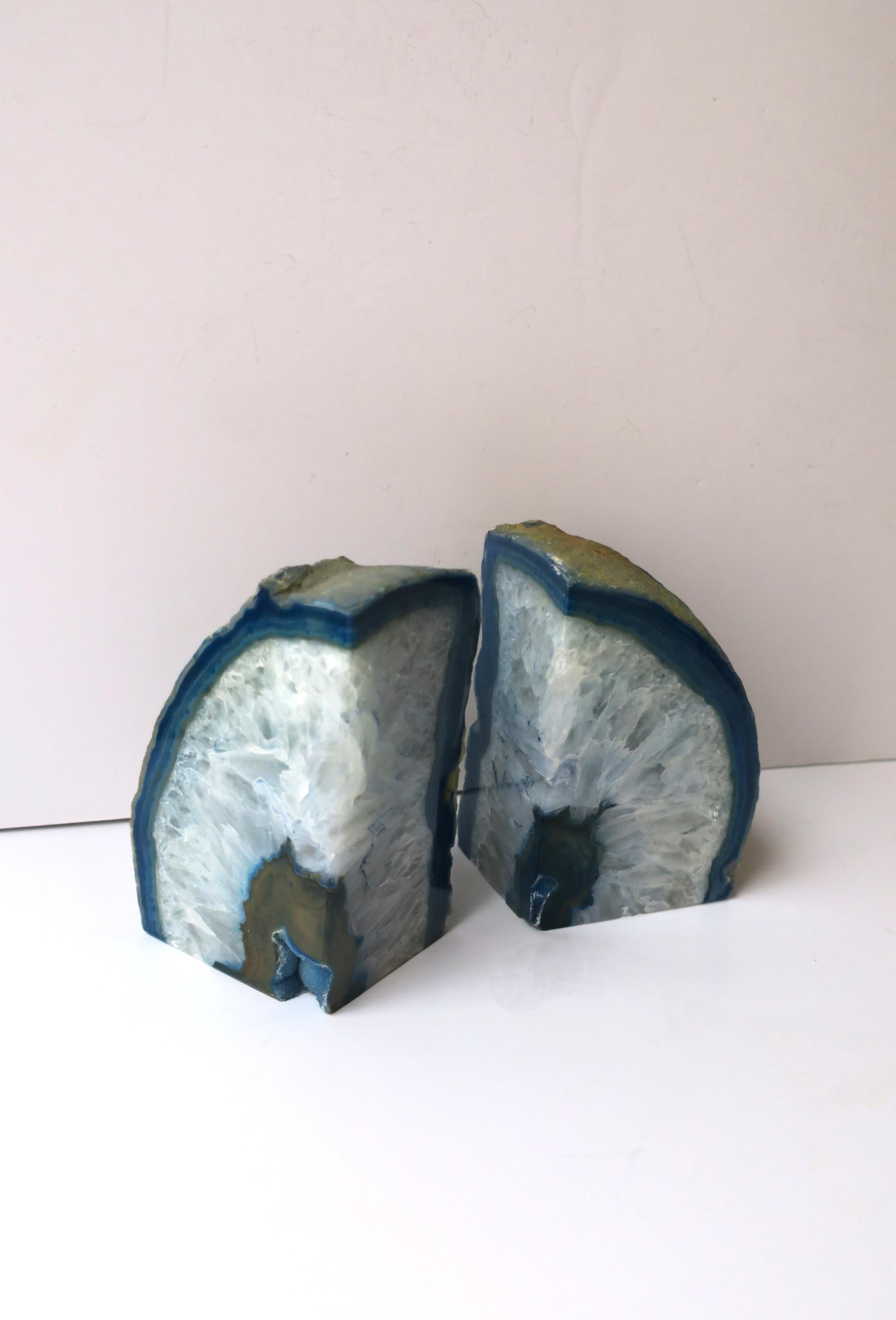 Blue and White Quartz Geode Bookends, Pair  For Sale 2
