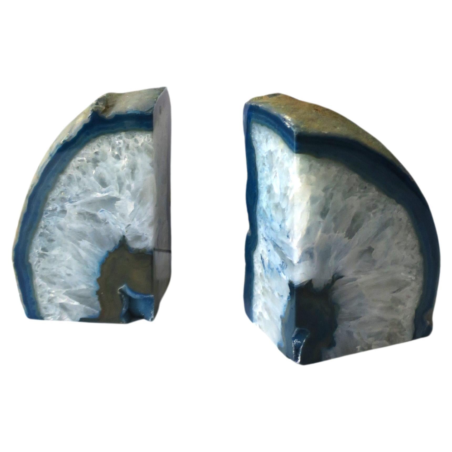 Blue and White Quartz Geode Bookends, Pair  For Sale