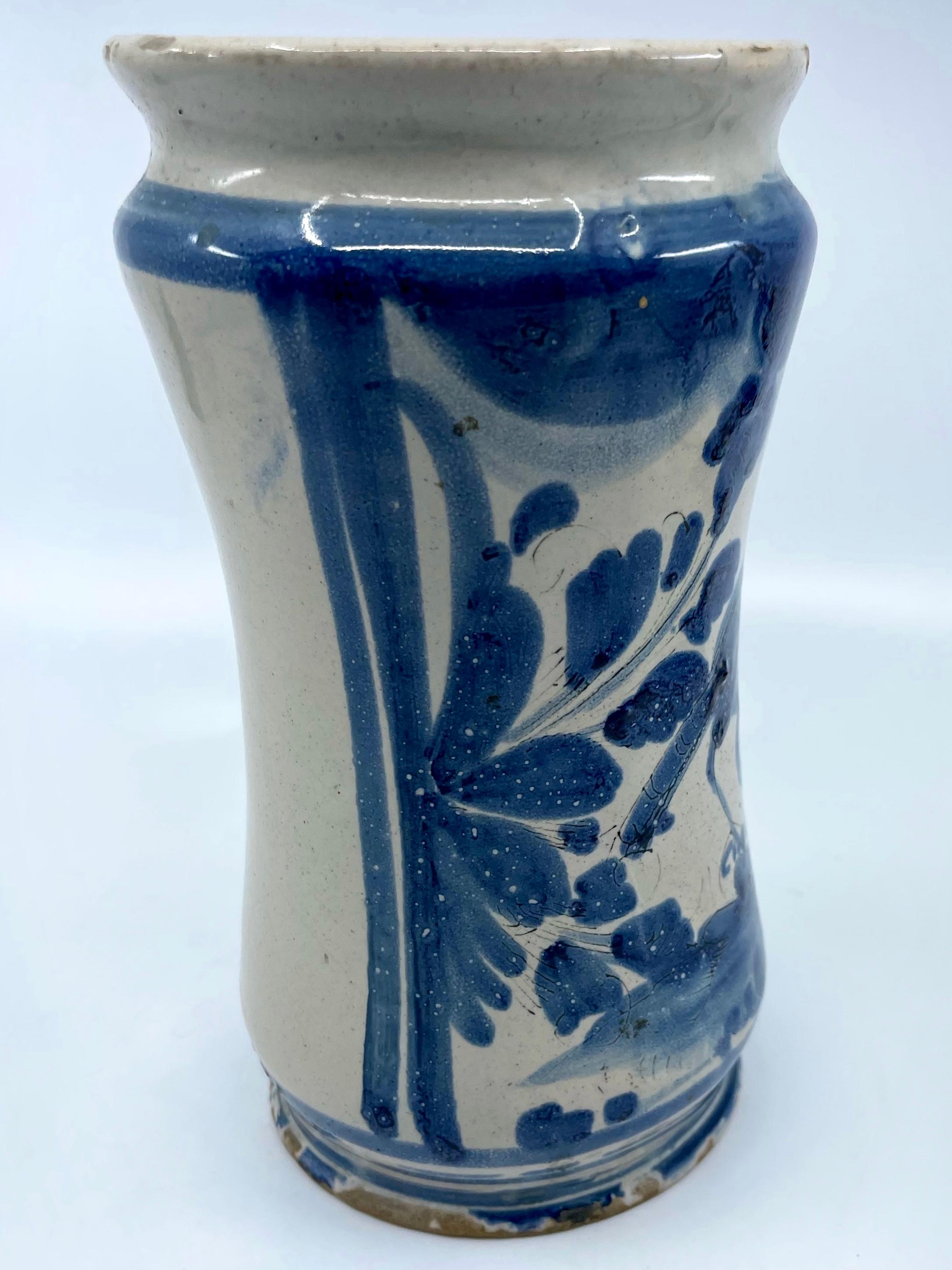 Italian Blue and White Albarello Bird Vase For Sale