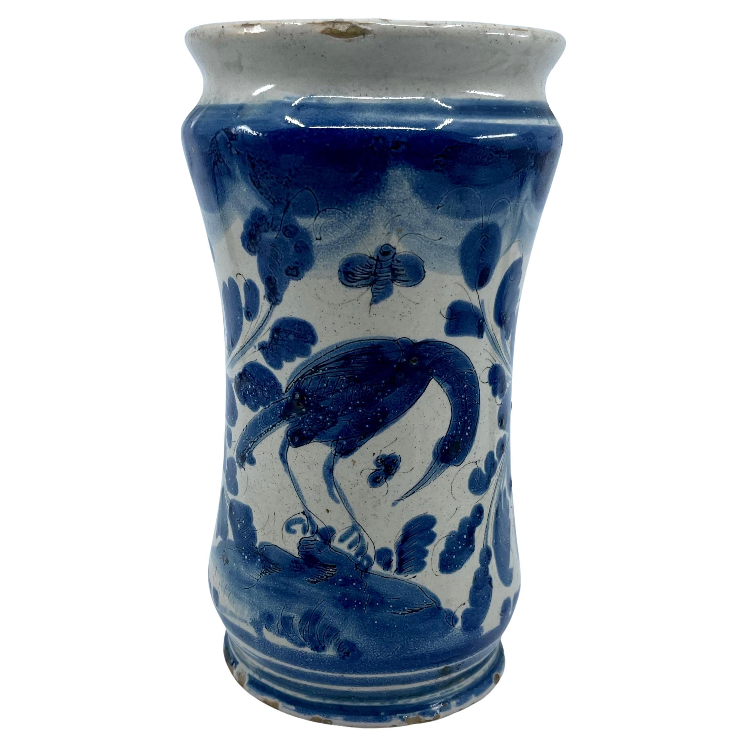 Blue and White Albarello Bird Vase For Sale