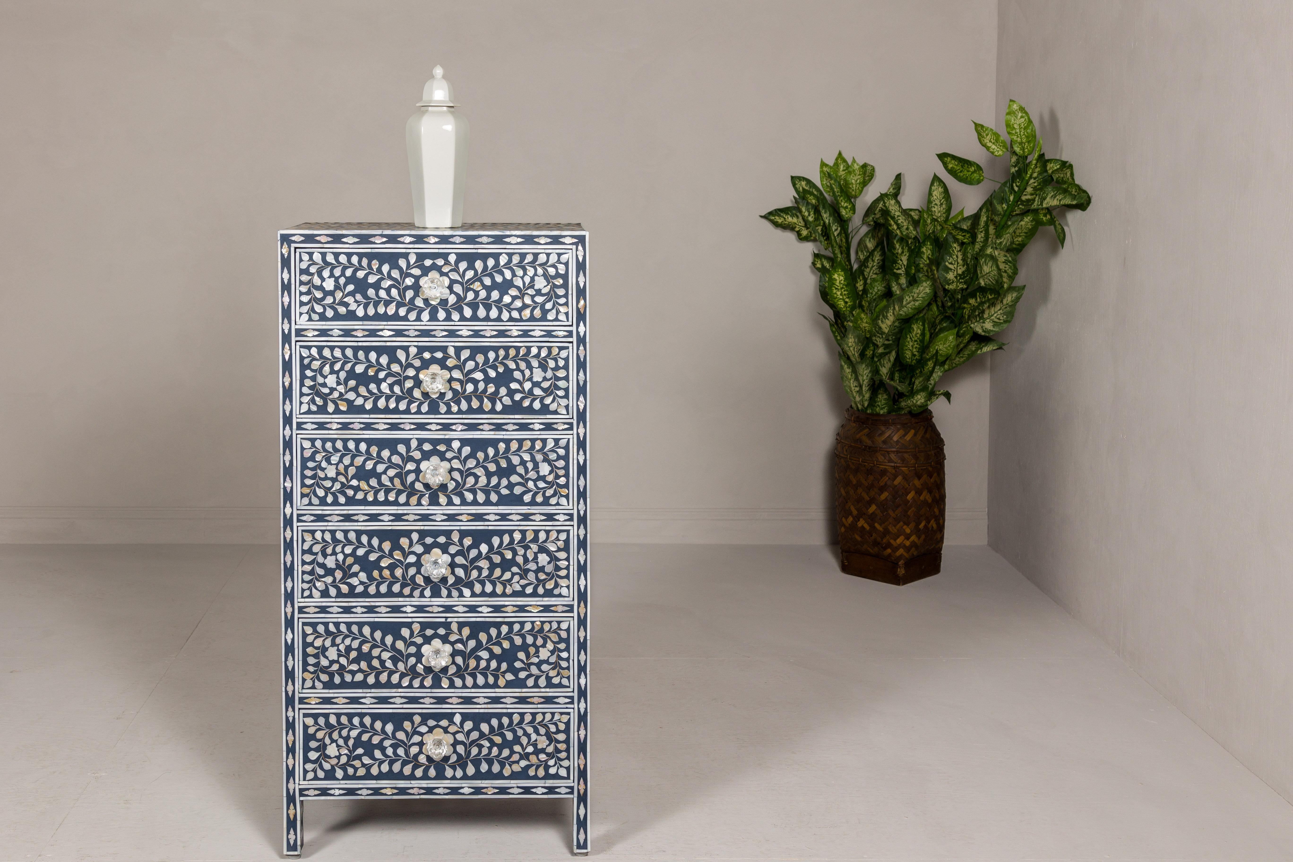 Blue and White Anglo Indian Style Inlaid Mother of Pearl Tall Chest For Sale 2