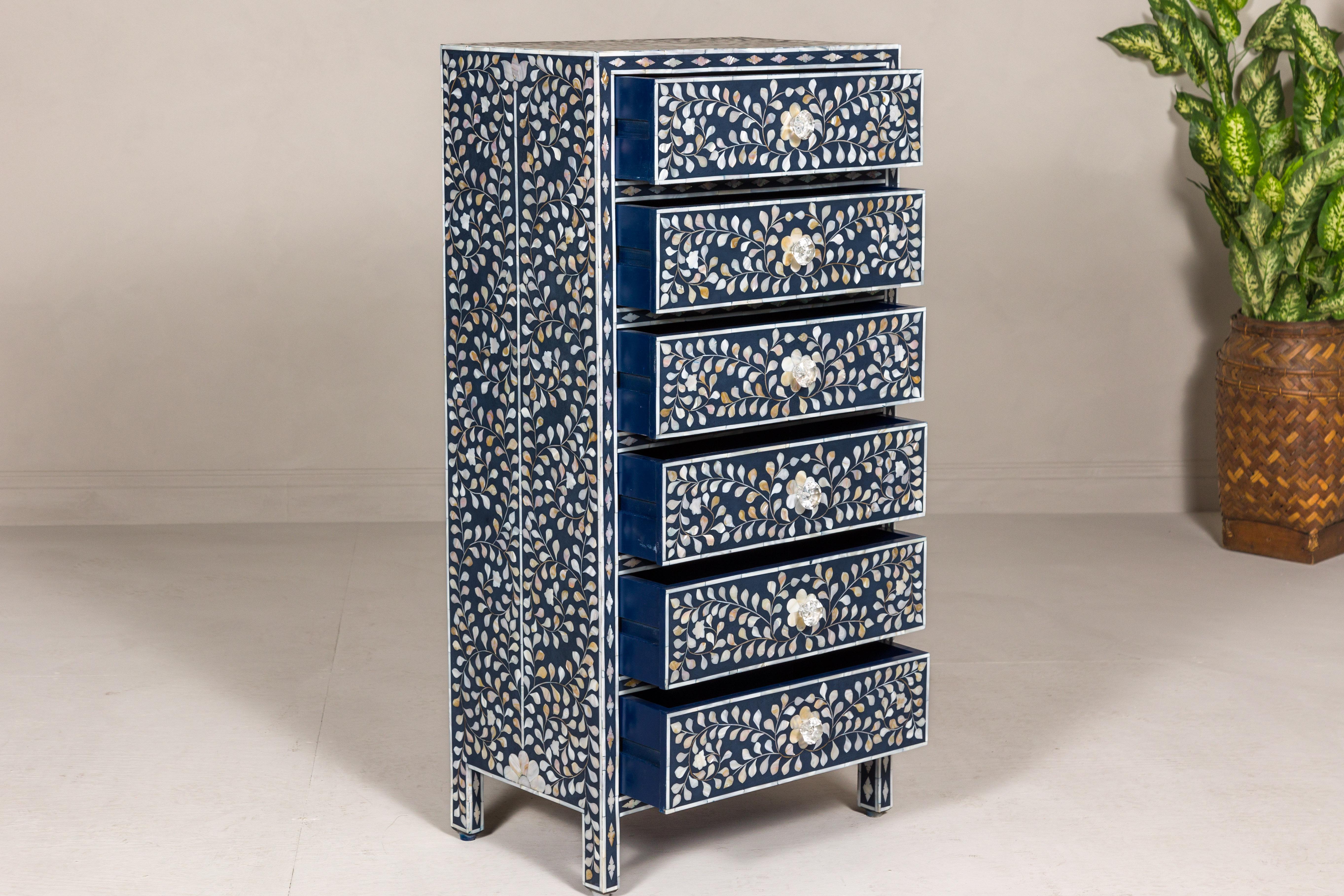 Blue and White Anglo Indian Style Inlaid Mother of Pearl Tall Chest For Sale 3