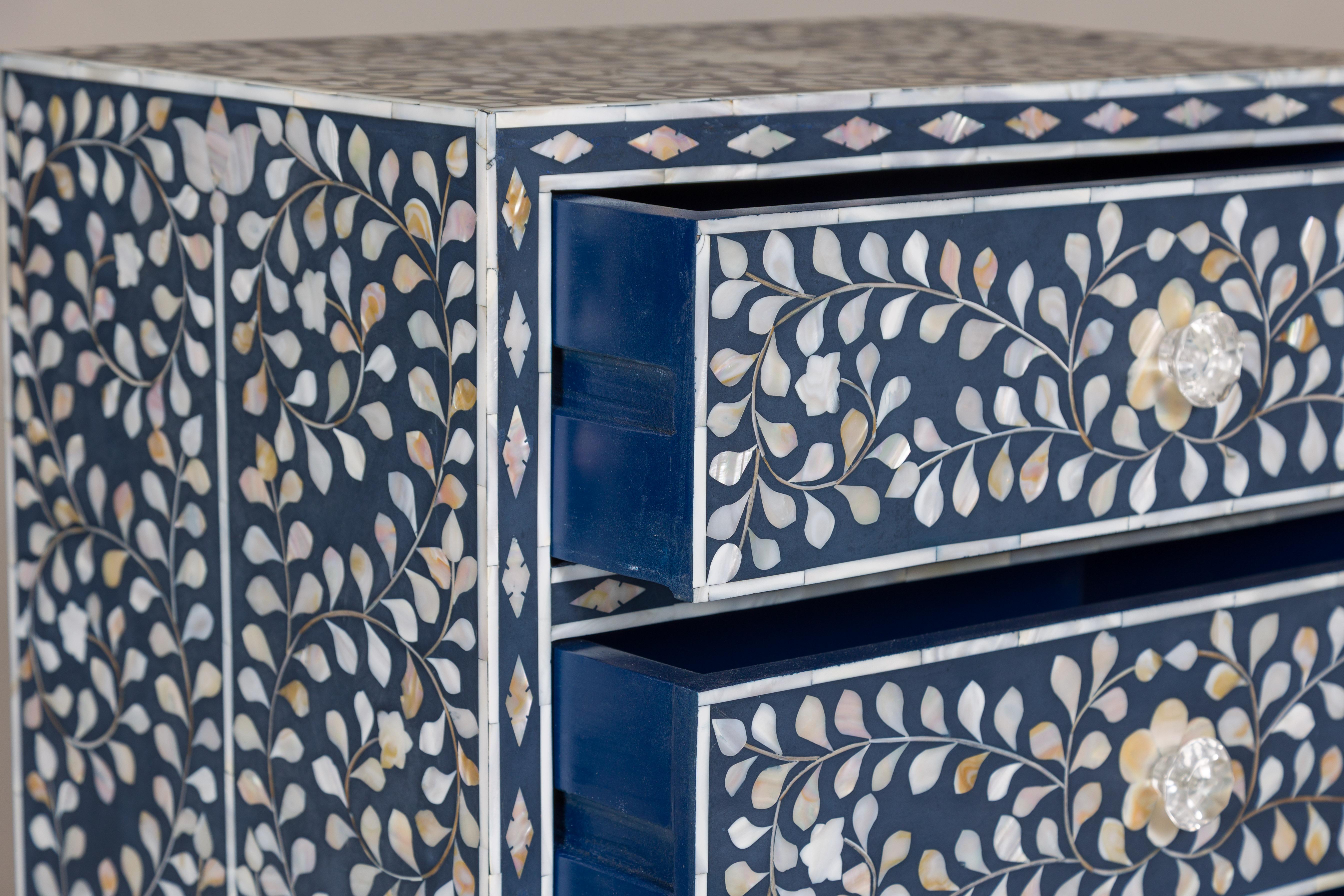 Blue and White Anglo Indian Style Inlaid Mother of Pearl Tall Chest For Sale 4