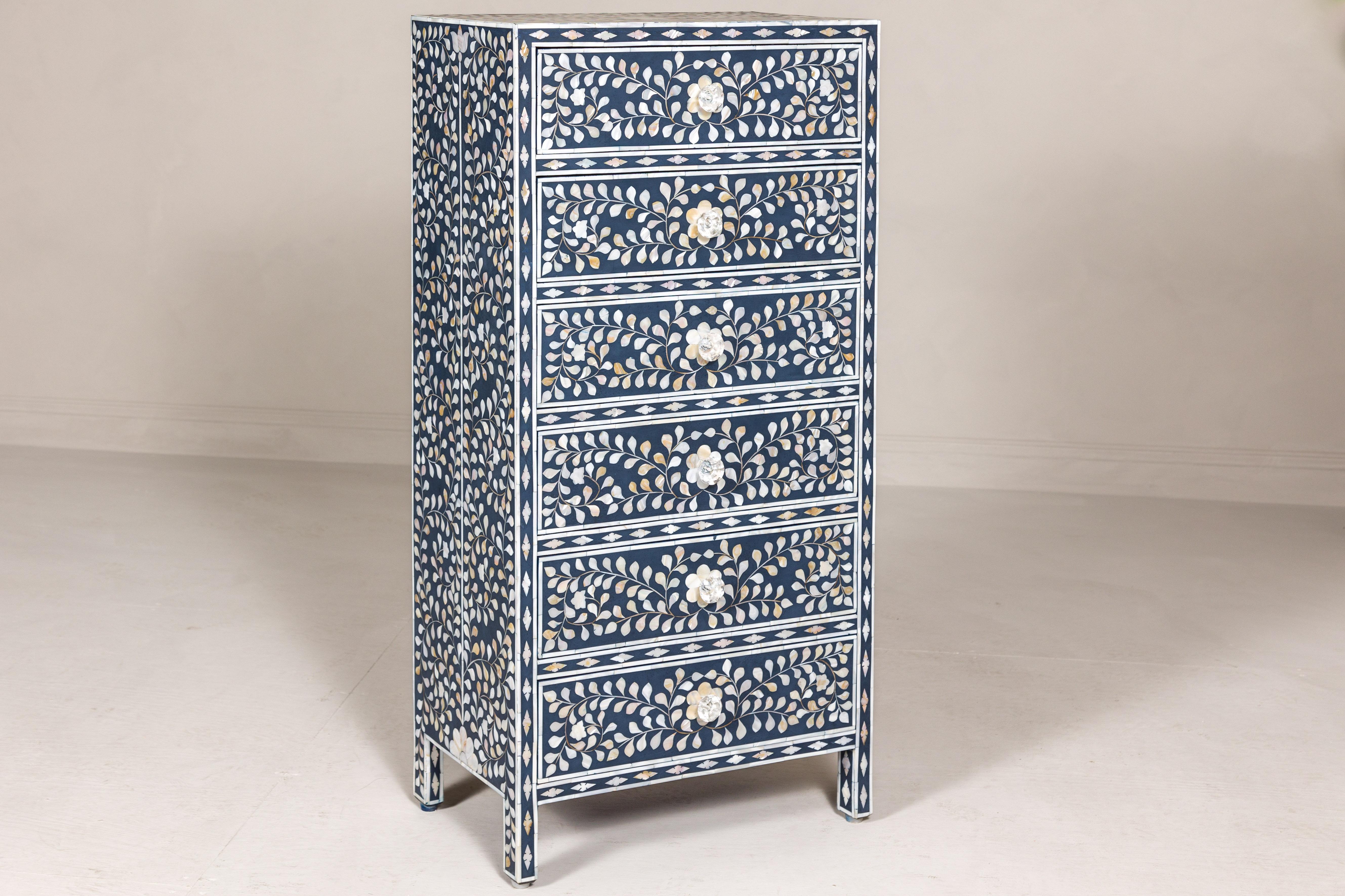 Blue and White Anglo Indian Style Inlaid Mother of Pearl Tall Chest For Sale 5