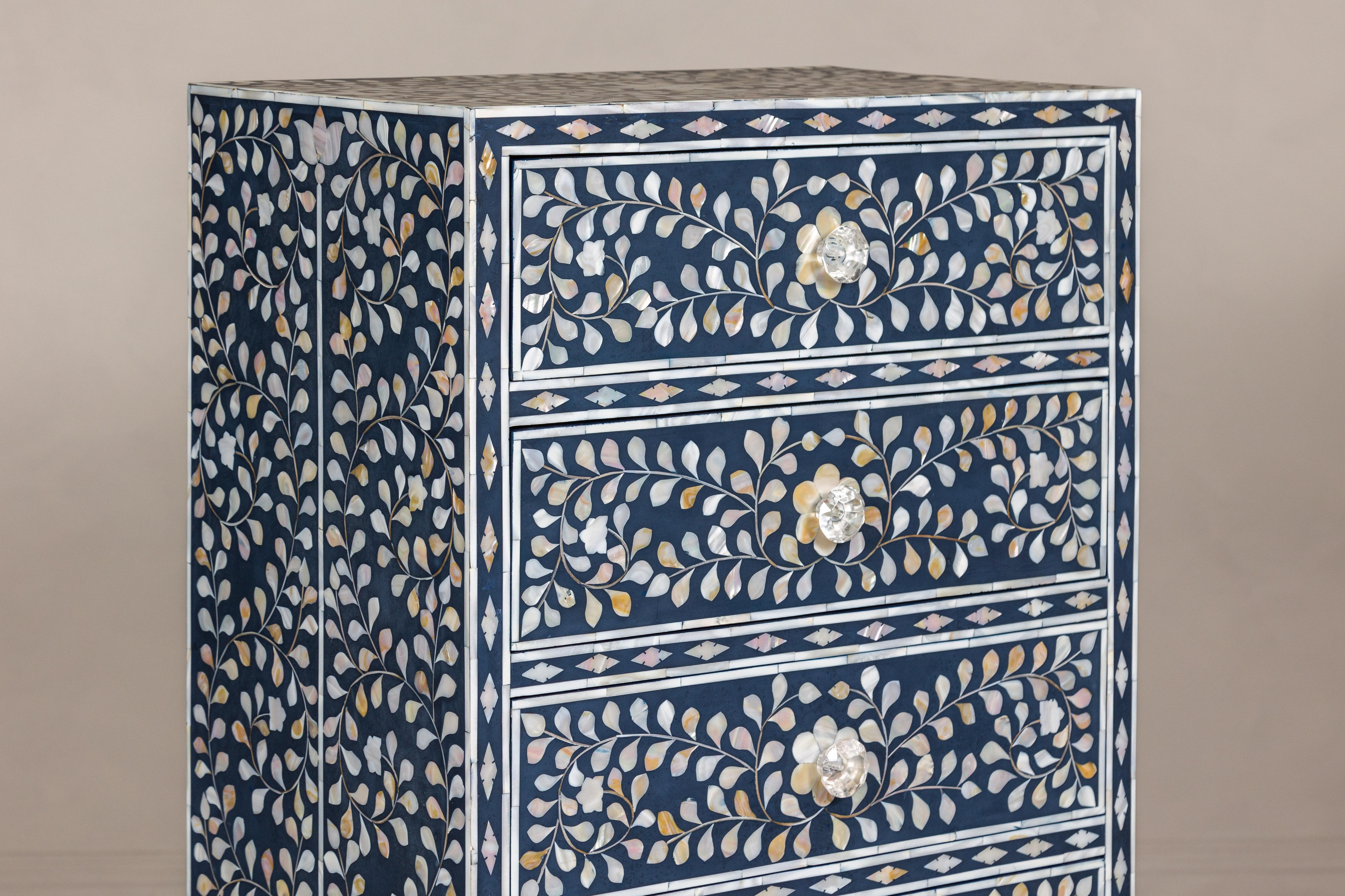 Blue and White Anglo Indian Style Inlaid Mother of Pearl Tall Chest For Sale 8