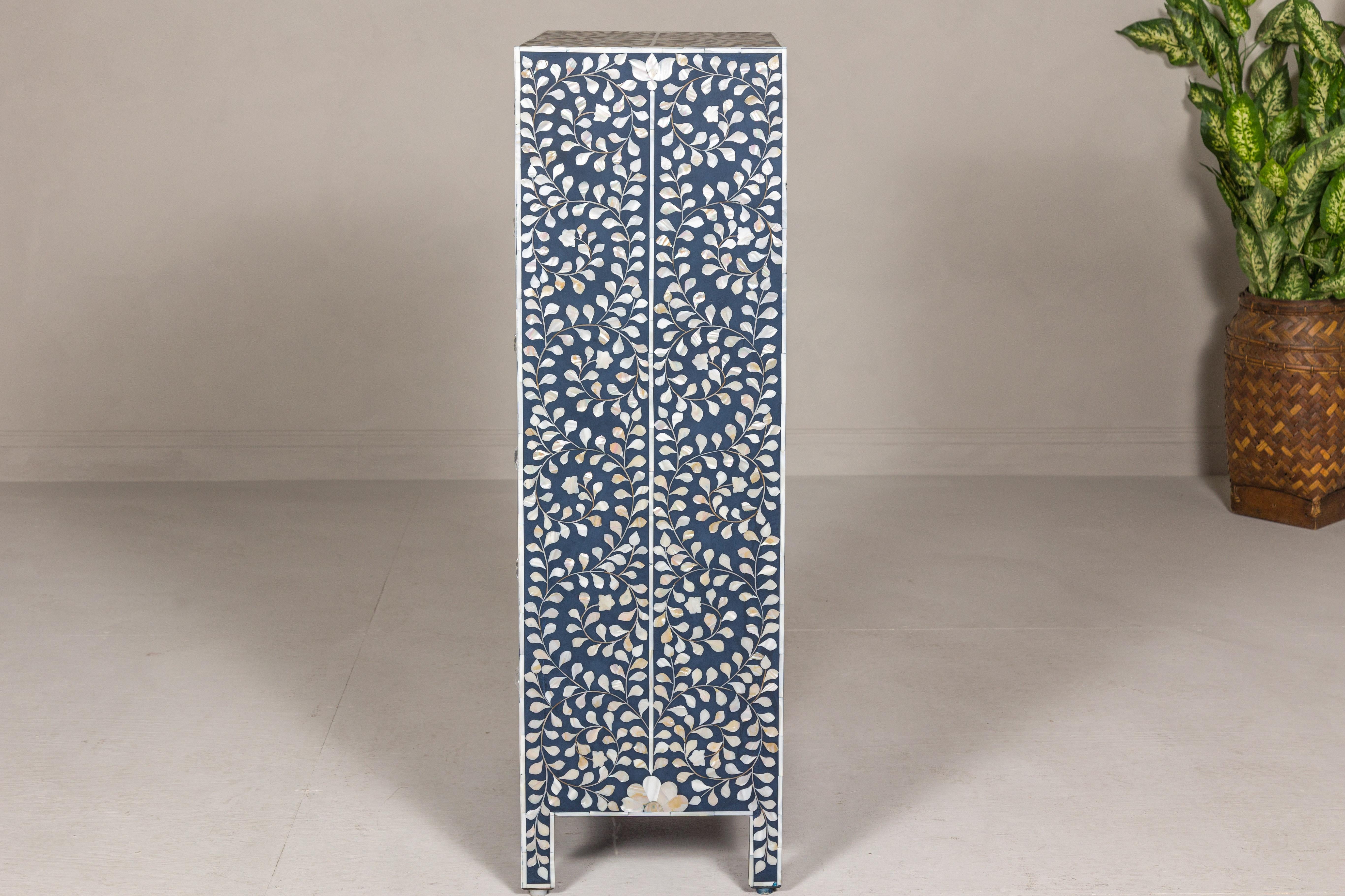 Blue and White Anglo Indian Style Inlaid Mother of Pearl Tall Chest For Sale 10