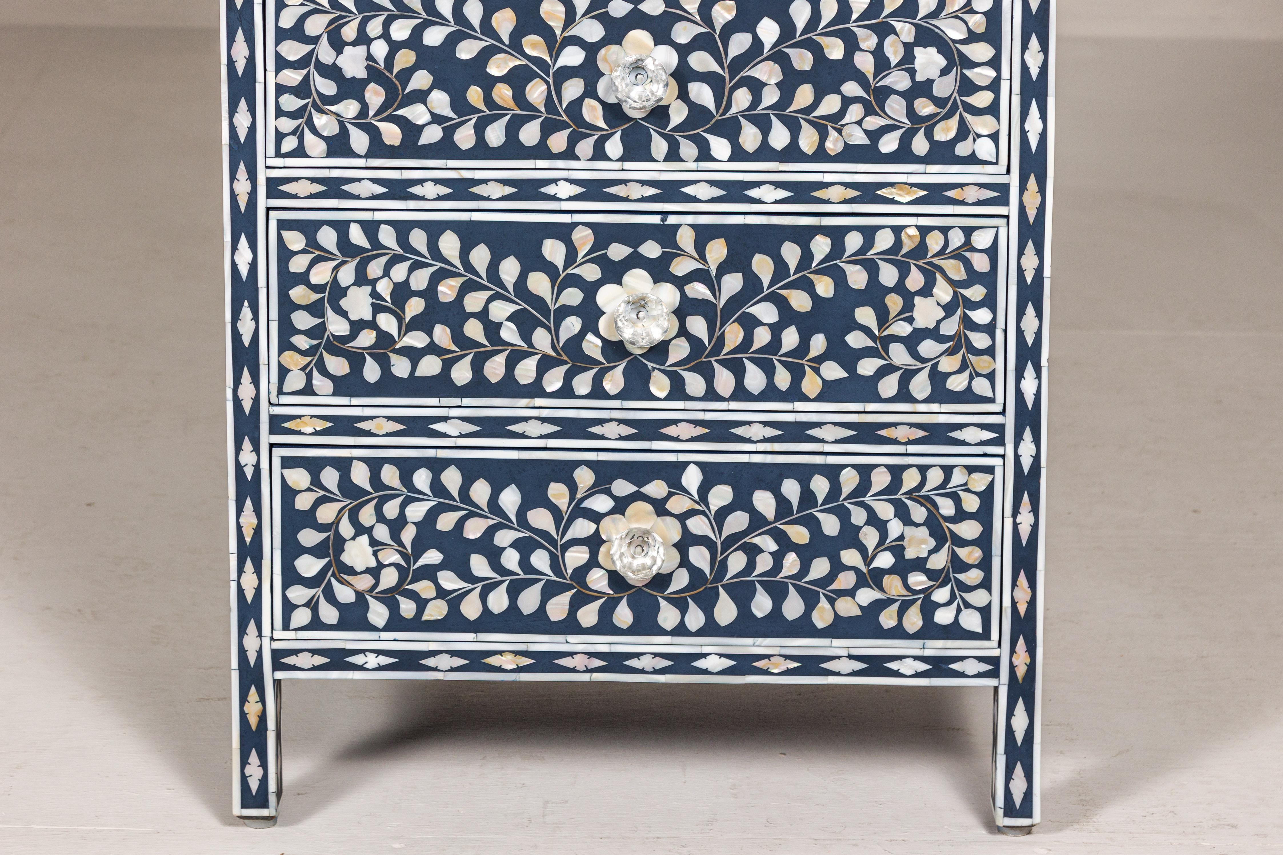 Anglo-Indian Blue and White Anglo Indian Style Inlaid Mother of Pearl Tall Chest For Sale