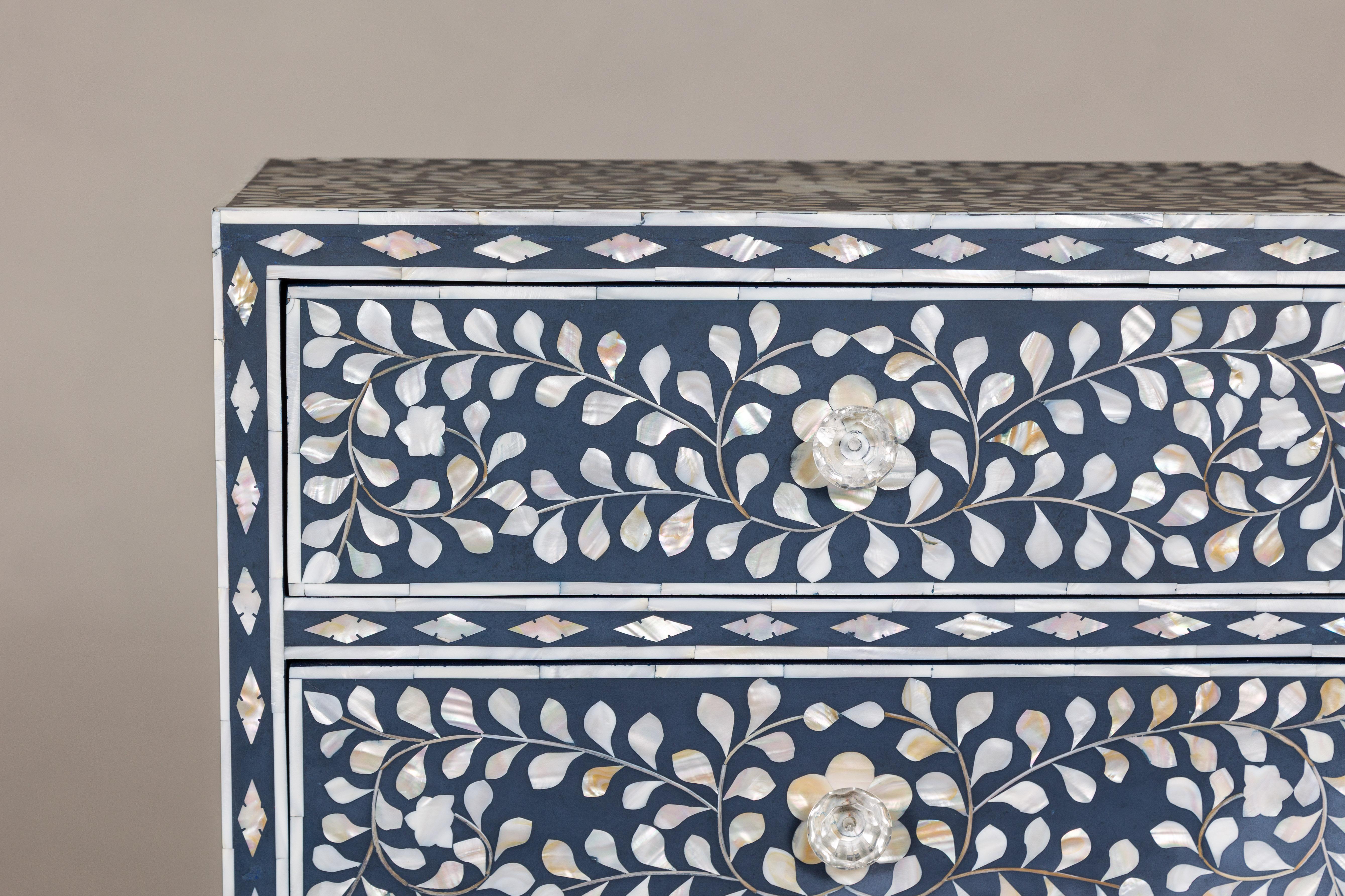 Inlay Blue and White Anglo Indian Style Inlaid Mother of Pearl Tall Chest For Sale