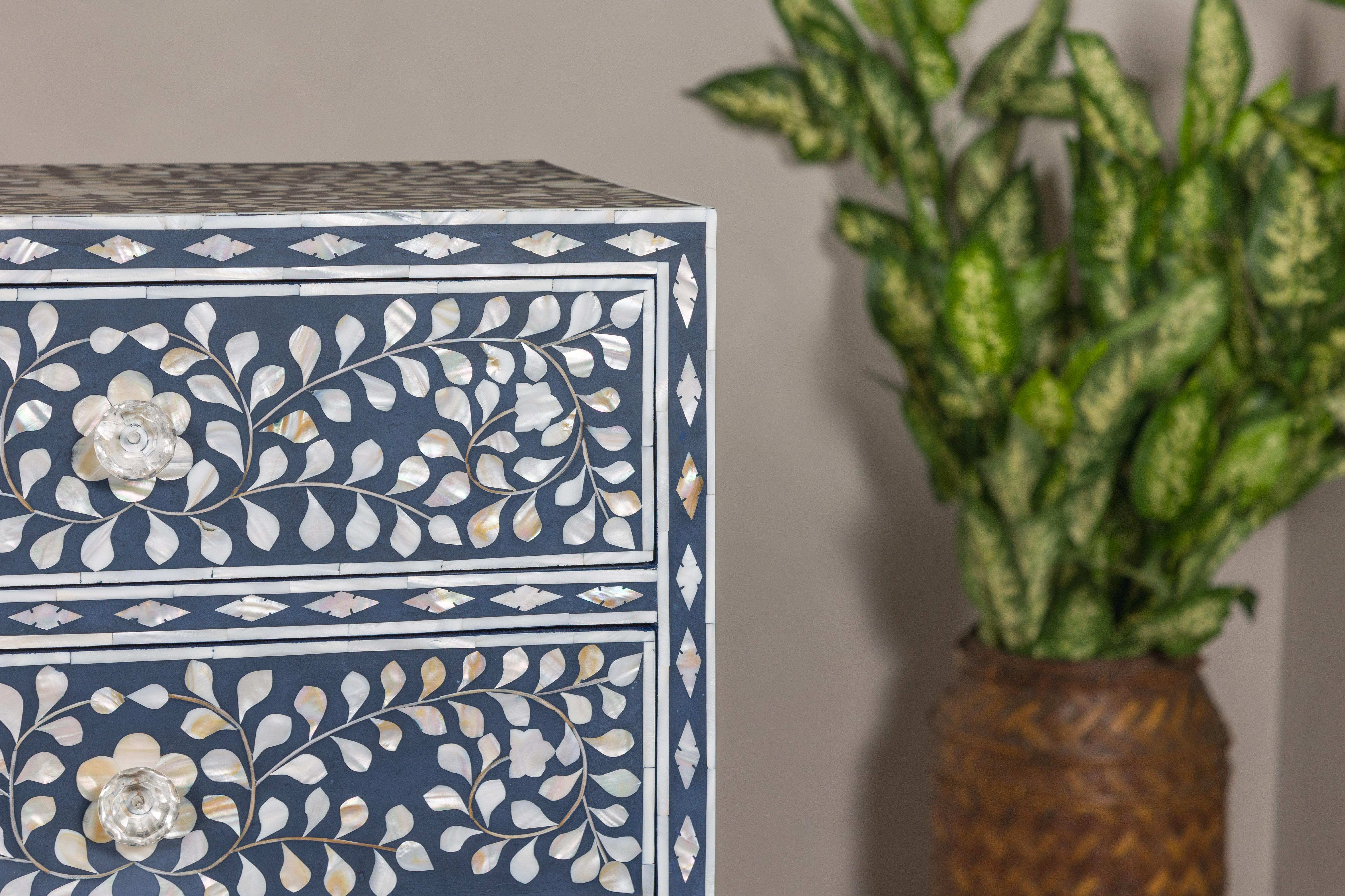 Blue and White Anglo Indian Style Inlaid Mother of Pearl Tall Chest In Excellent Condition For Sale In Yonkers, NY