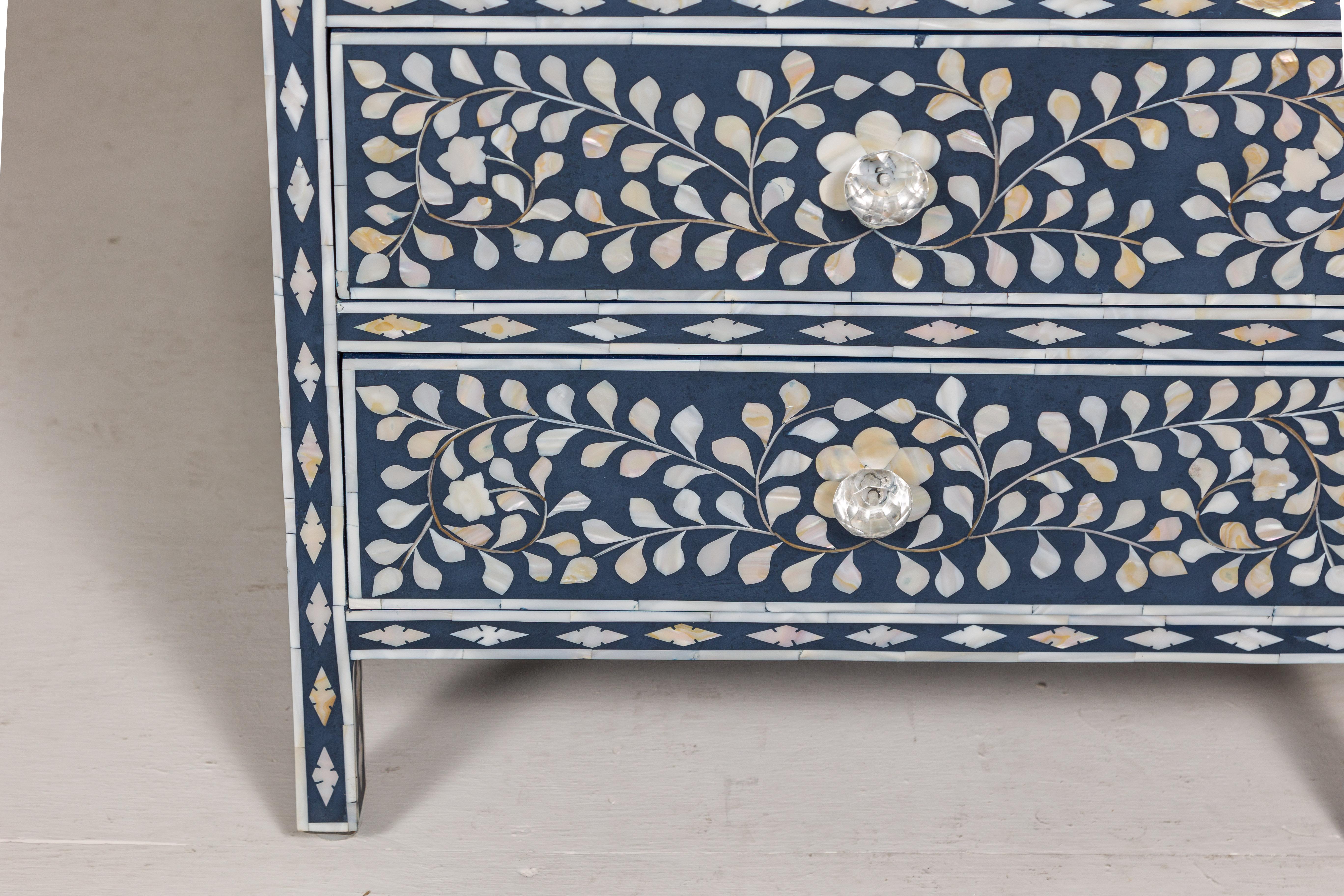 Contemporary Blue and White Anglo Indian Style Inlaid Mother of Pearl Tall Chest For Sale