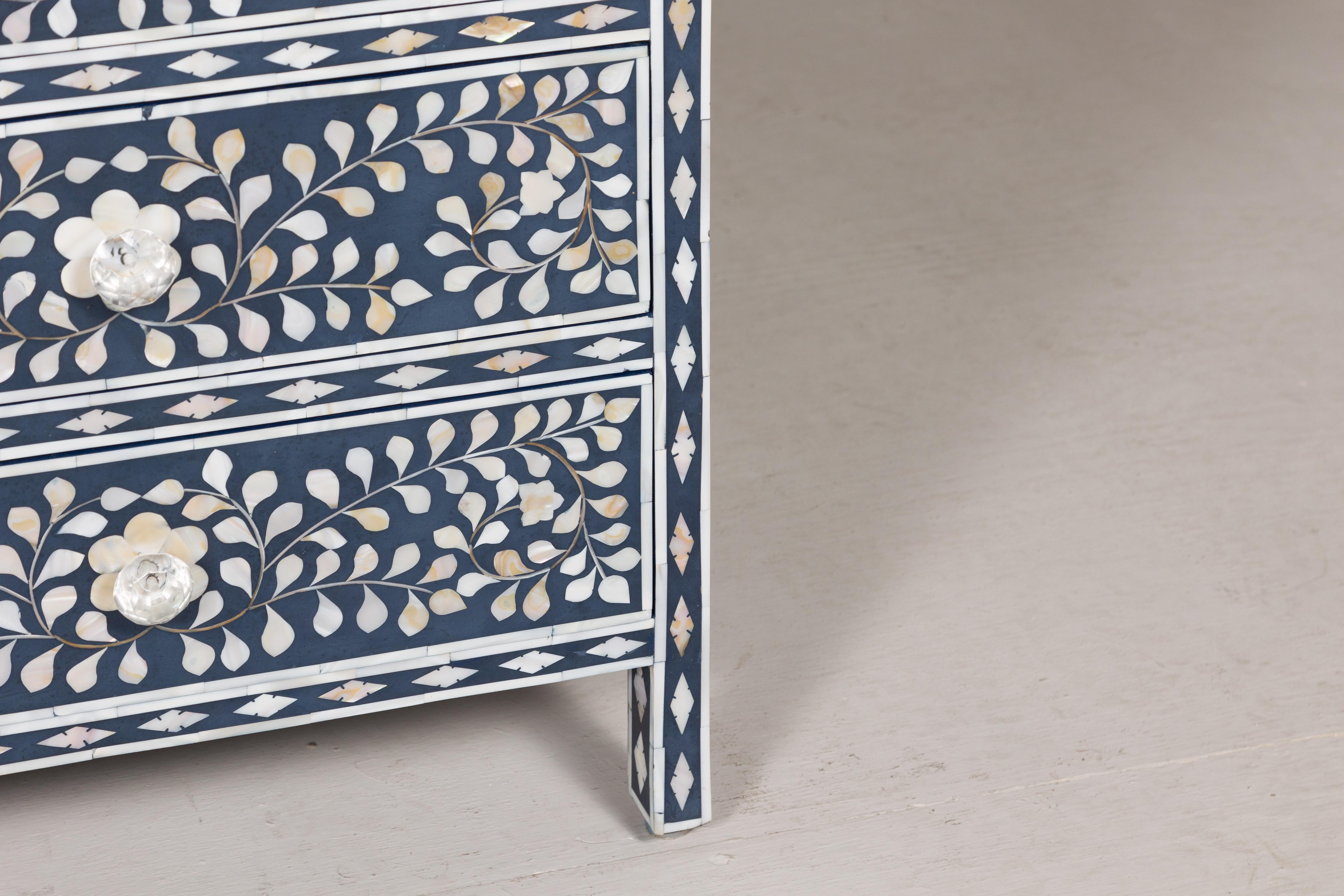 Mother-of-Pearl Blue and White Anglo Indian Style Inlaid Mother of Pearl Tall Chest For Sale