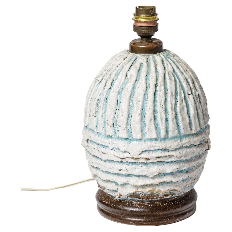 Blaue und weiße Art-Déco-Keramik-Tischlampe im Stil von Jean Besnard, um 1930