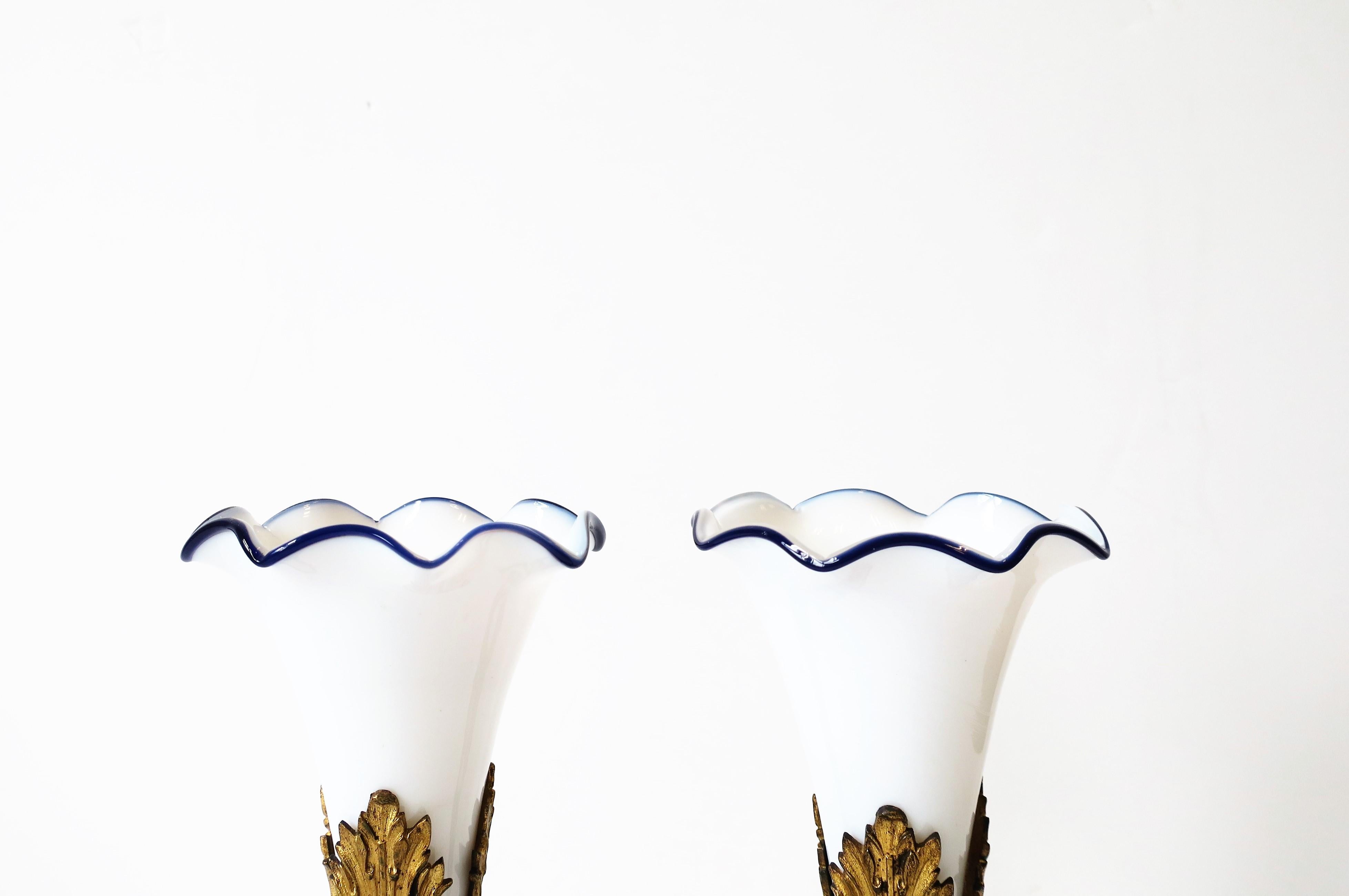 French White and Blue Art Glass Vases on Brass and Marble Bases, Pair For Sale 7