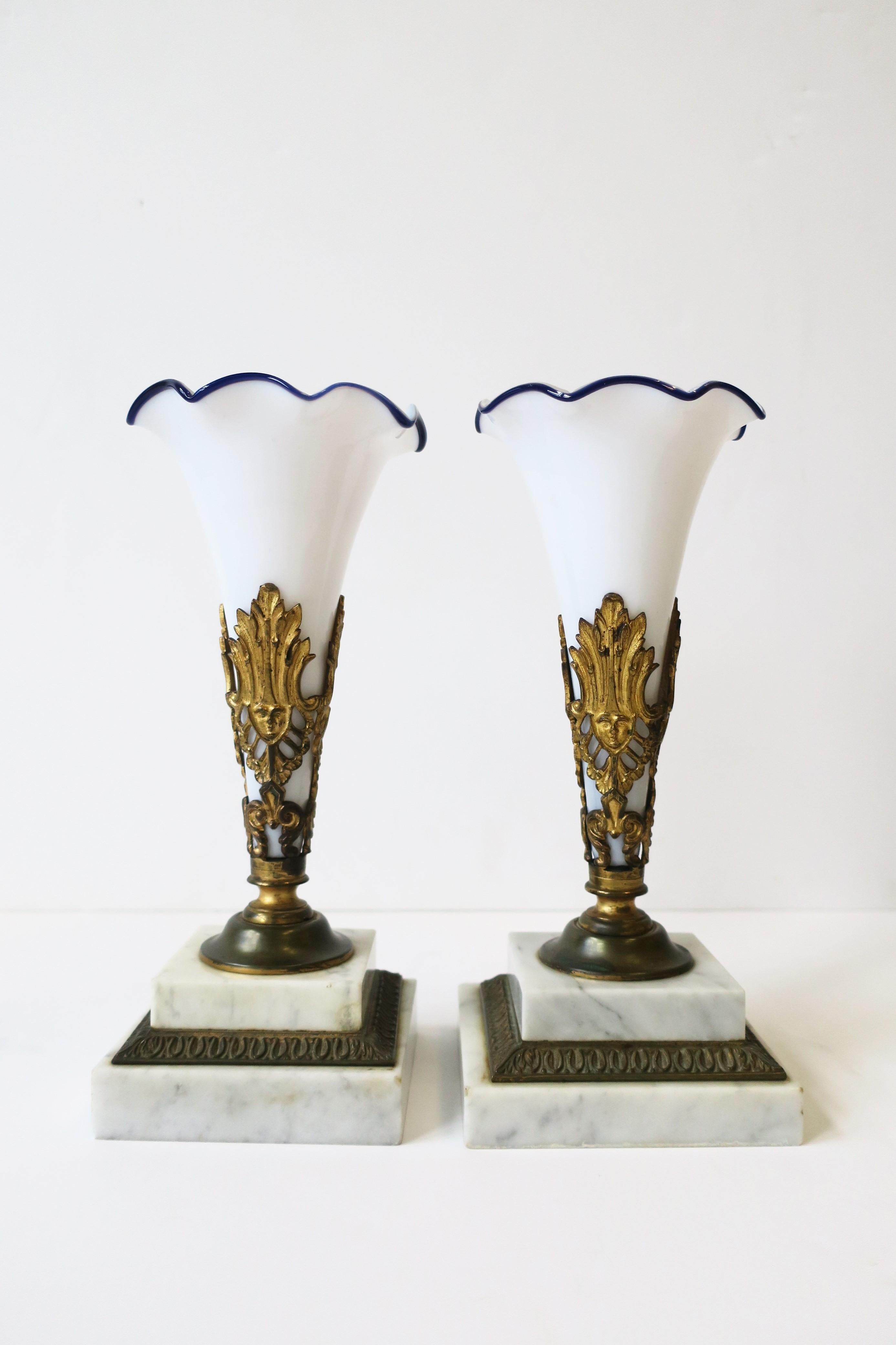 Gilt French White and Blue Art Glass Vases on Brass and Marble Bases, Pair For Sale