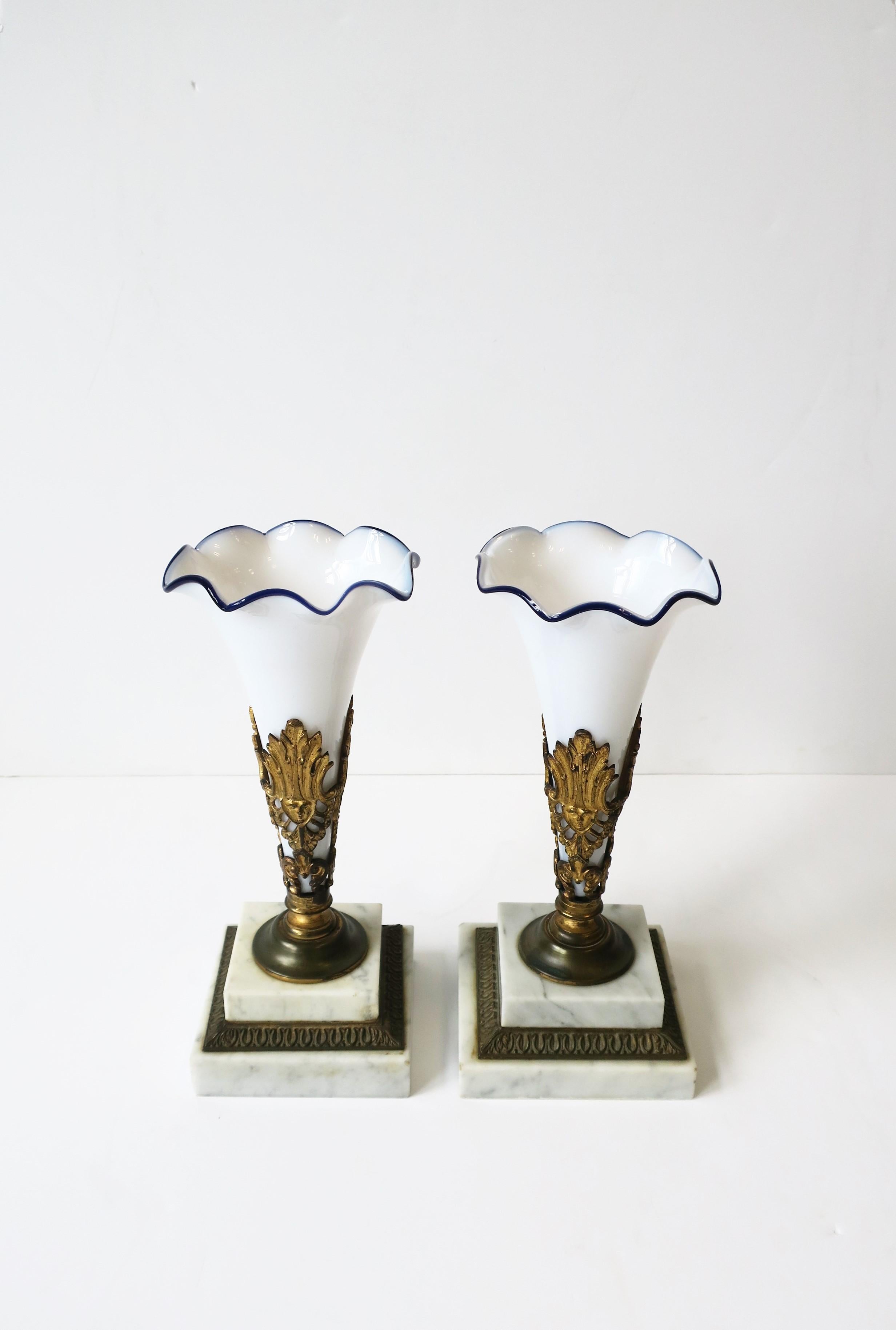 French White and Blue Art Glass Vases on Brass and Marble Bases, Pair In Good Condition For Sale In New York, NY