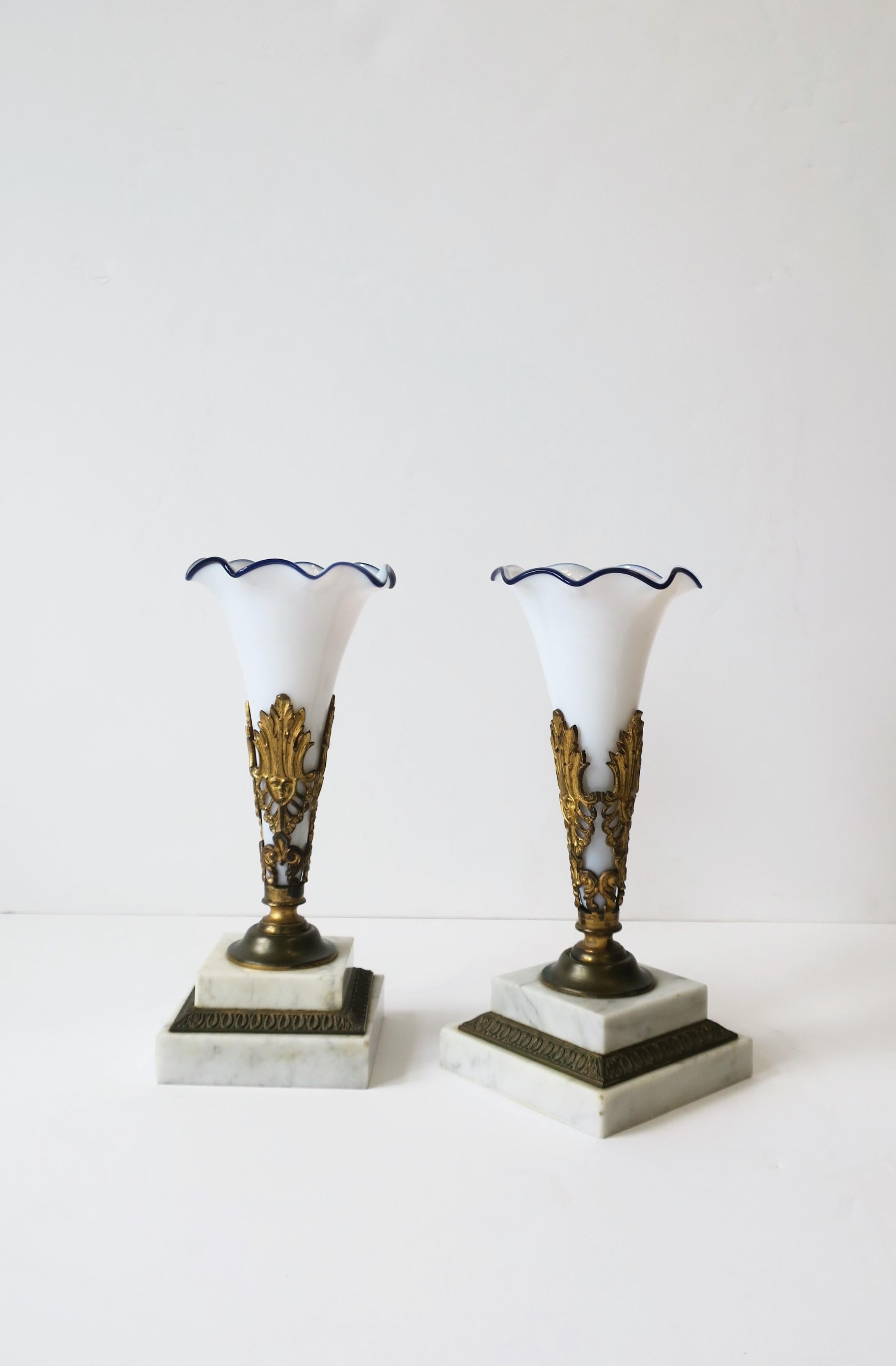 20th Century French White and Blue Art Glass Vases on Brass and Marble Bases, Pair For Sale