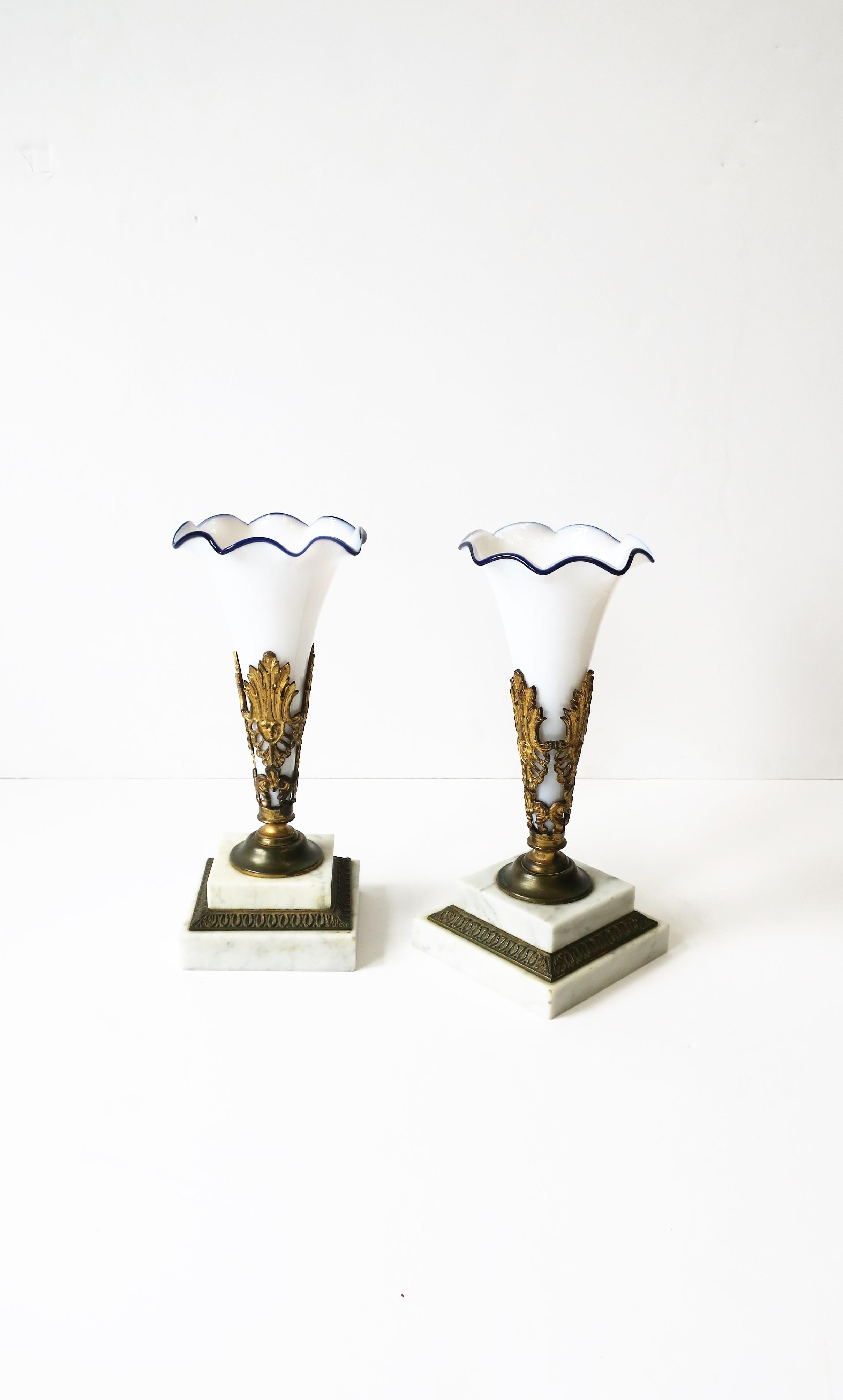 French White and Blue Art Glass Vases on Brass and Marble Bases, Pair For Sale 1