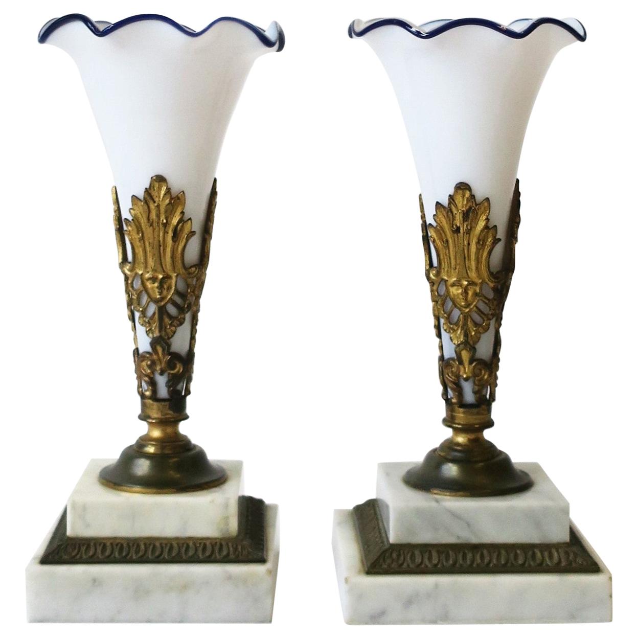 French White and Blue Art Glass Vases on Brass and Marble Bases, Pair For Sale