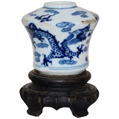 Blue and White Asian Ceramic Art Piece with Wooden Stand
