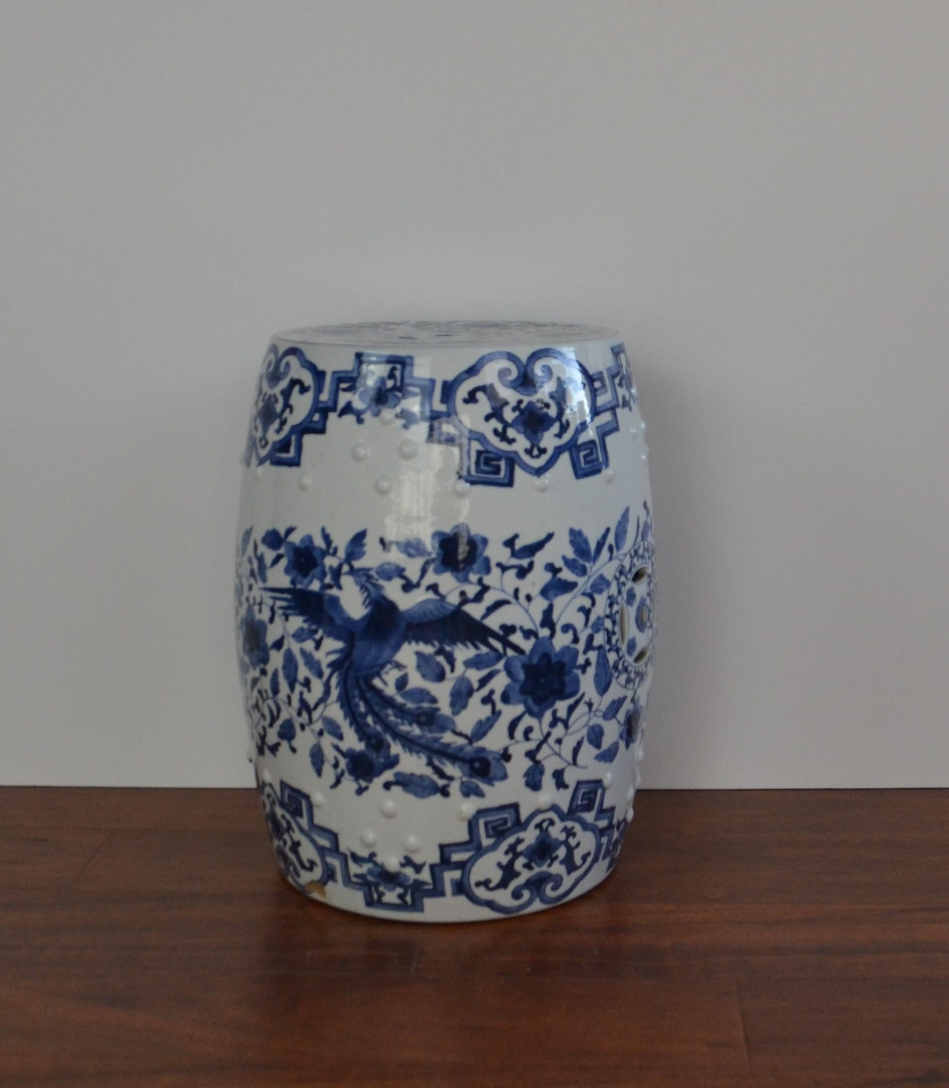 Hand painted blue and white Asian garden stool.