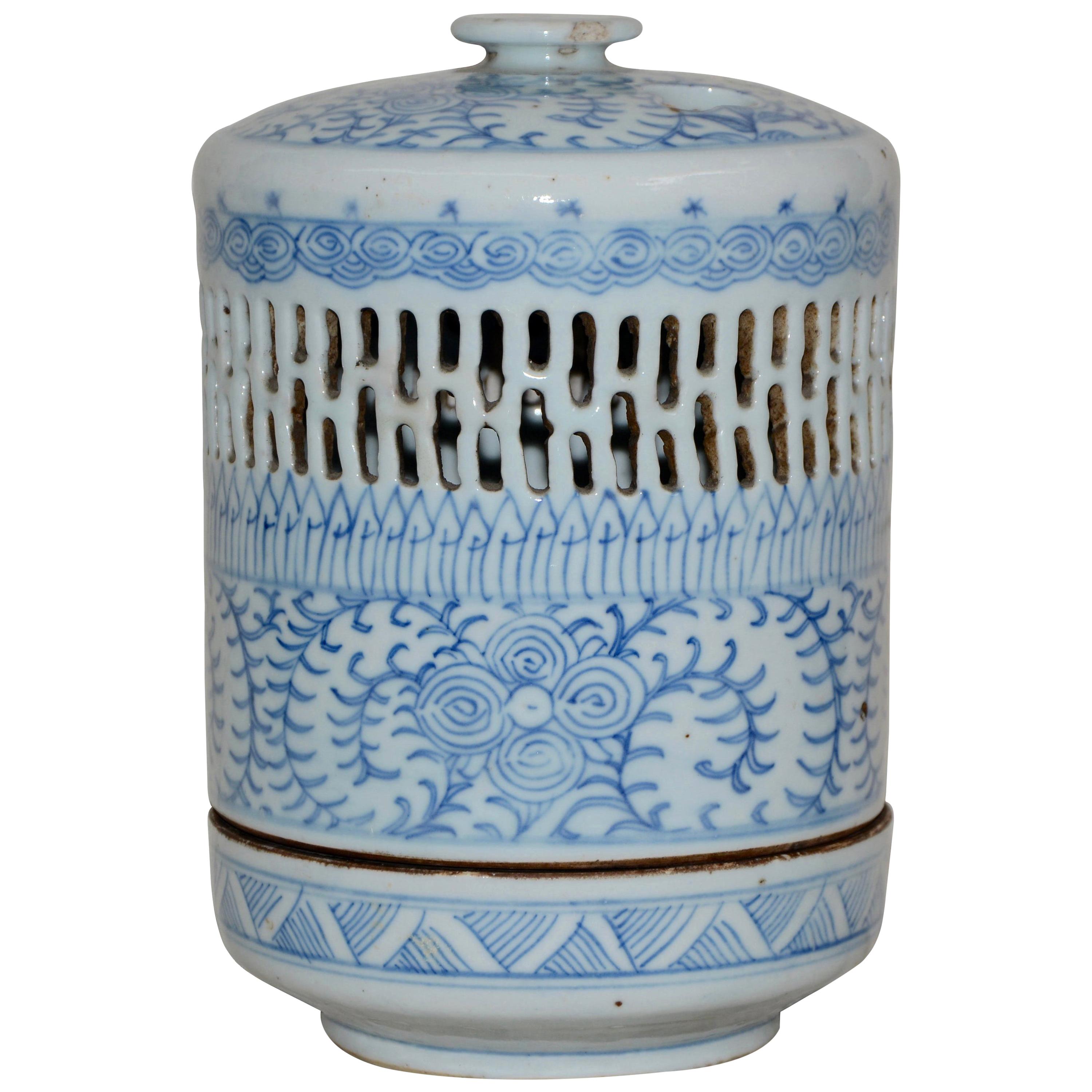 Blue and White Asian Pierced Ceramic Incense Burner, 20th Century For Sale